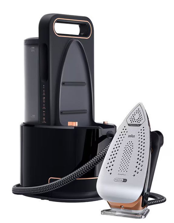 Czarne i różowo-złote żelazko z podstawką. Żelazko ma stopę FreeGlide 3D.