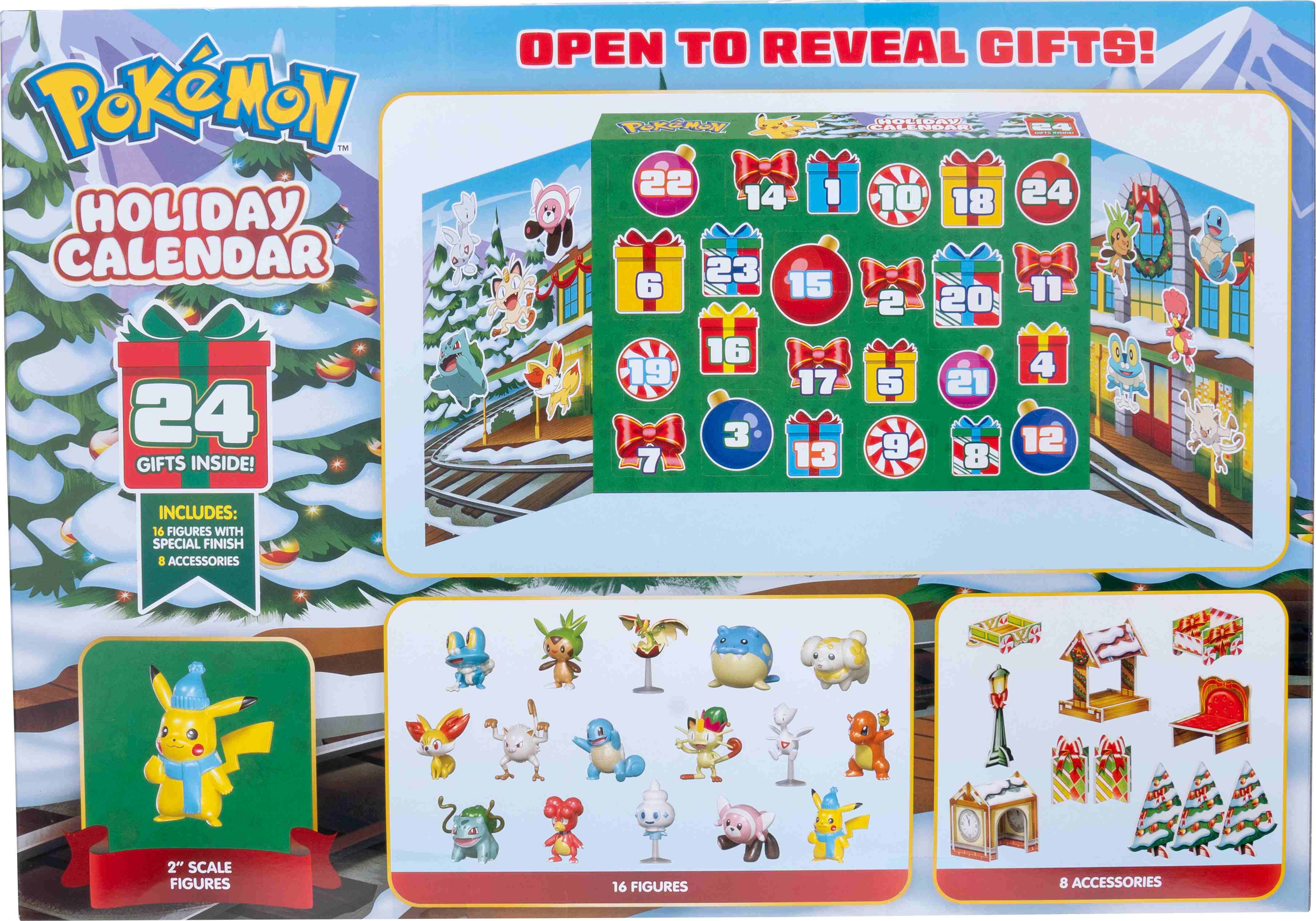 Calendario dell'avvento Pokémon con 24 regali, varie figure e accessori Pokémon.