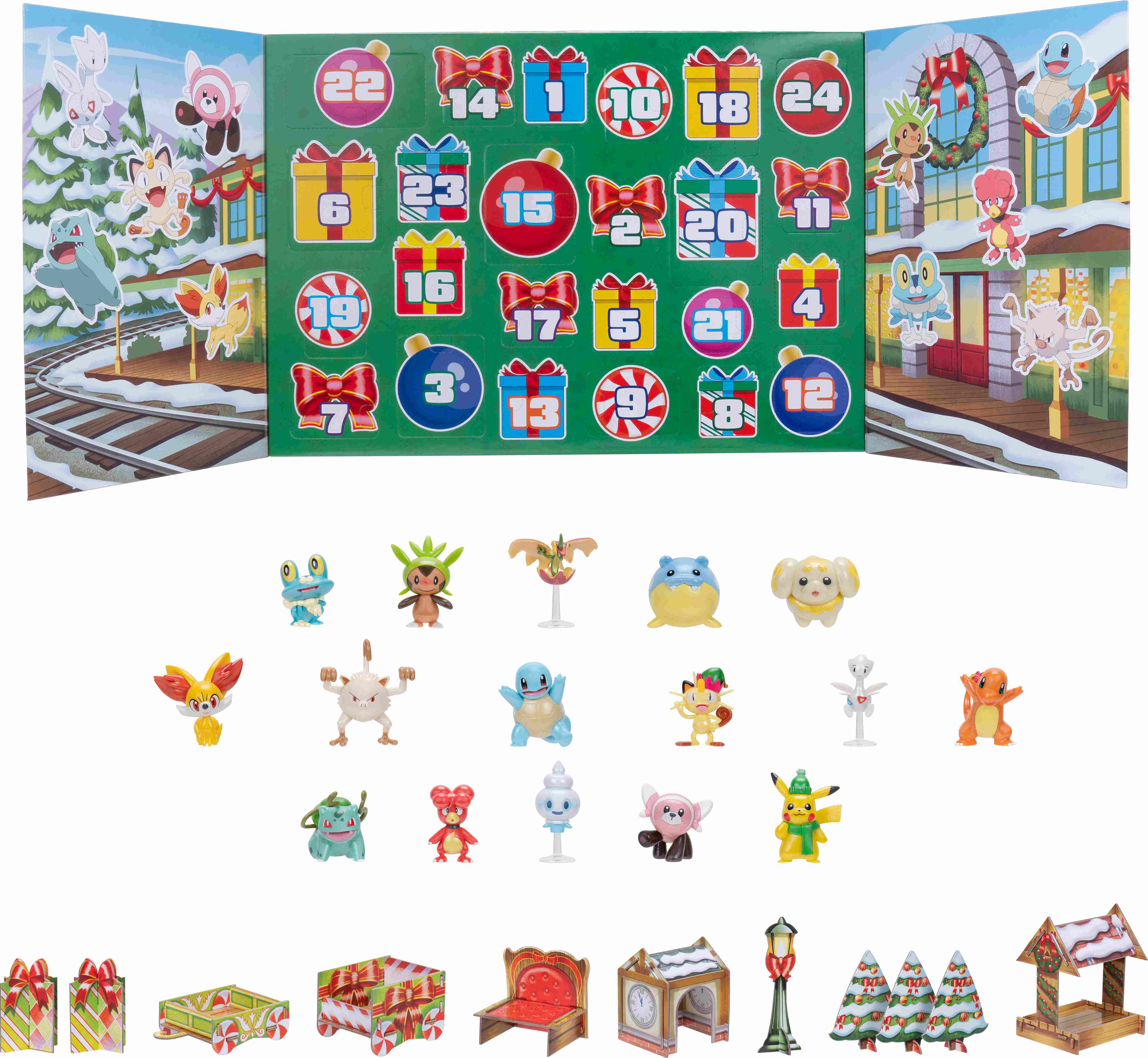 Calendario dell'Avvento con figure Pokémon e accessori. Regali e binari presenti.