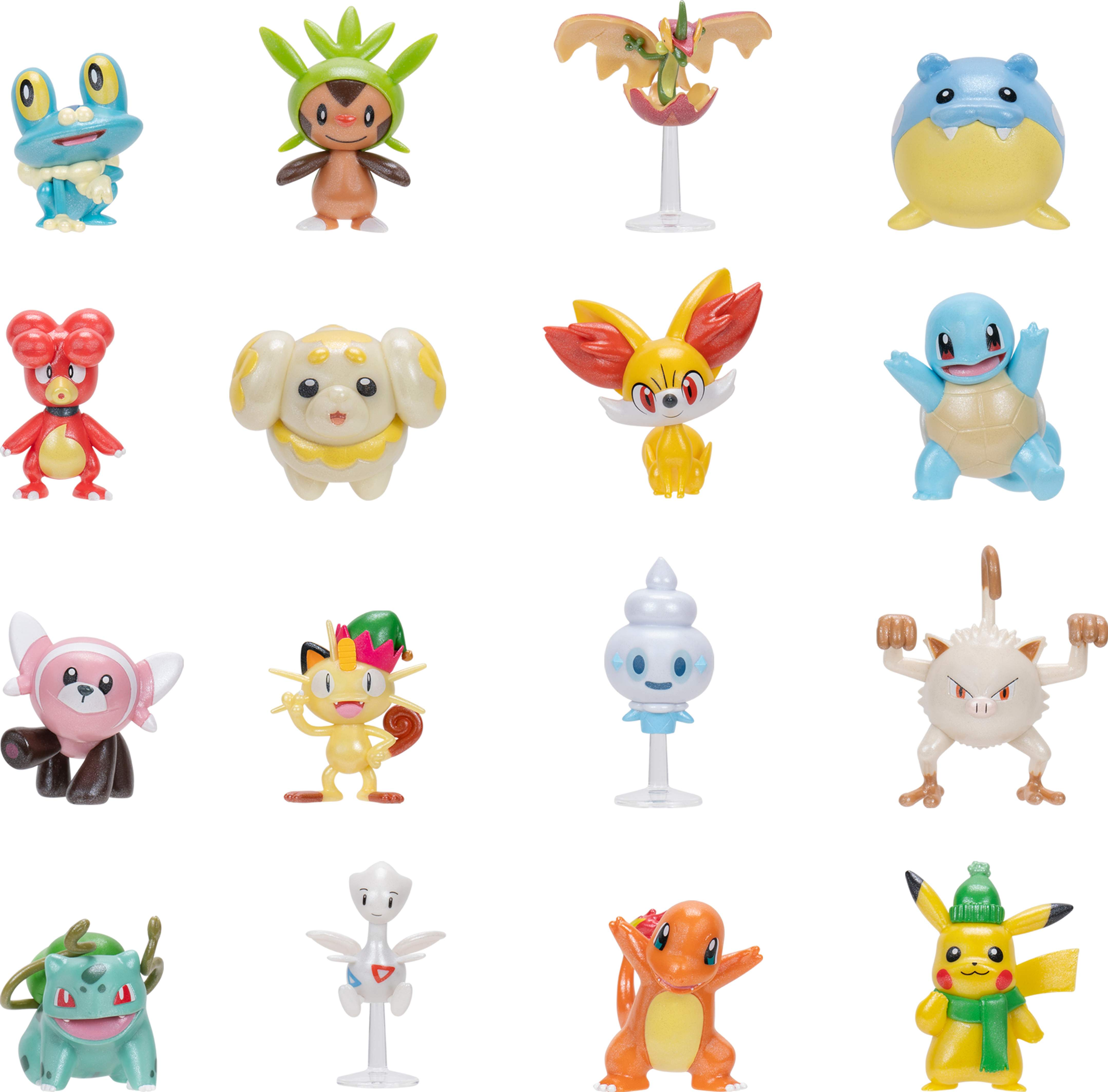 Collezione di figurine Pokémon su sfondo bianco.