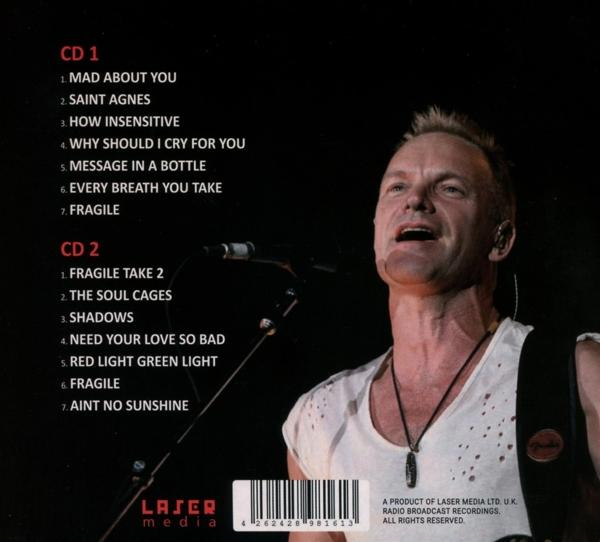CD-Cover mit Sting. Titelliste links, Stings Gesicht rechts.