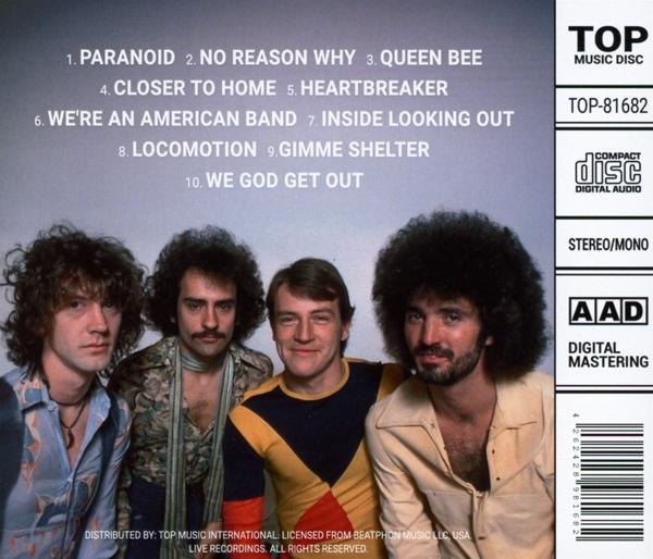 Ein CD-Cover zeigt eine Band aus vier Männern, mit Text, der Songtitel und Albumtitel auflistet.