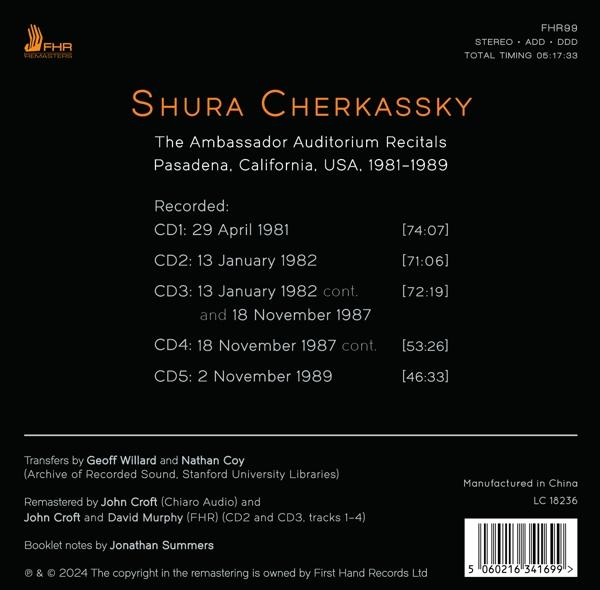 Ein CD-Cover mit Text über Shura Cherkassky, The Ambassador Auditorium Recitals und Aufnahmedaten.