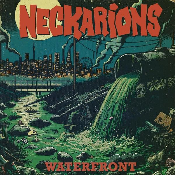Albumcover mit Cartoon-Stadtlandschaft, grünem, verschmutztem Wasser und Bandnamen.
