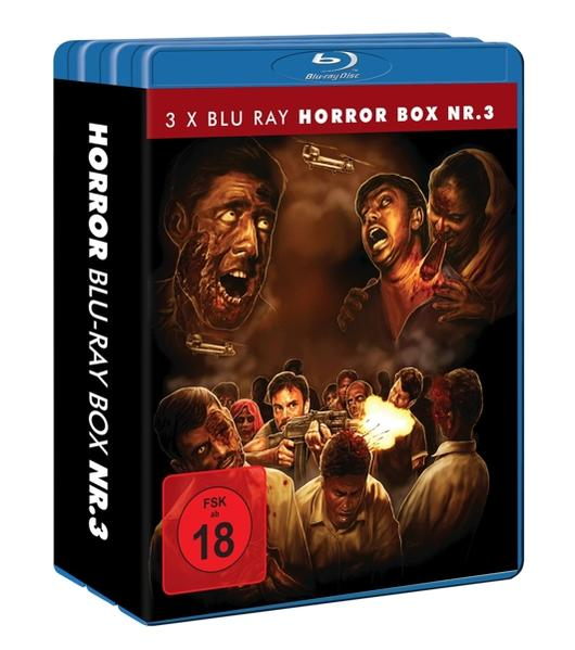 Blu-ray Horror-Box-Set. Zombie-Kunstwerk. Das Cover zeigt mehrere Gesichter von Zombies.