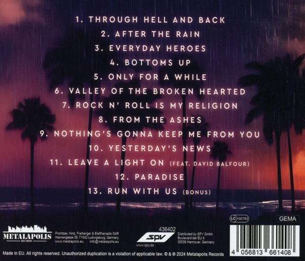 Rückseite eines Albums mit Palmen, Meer und Regen. Titelliste.