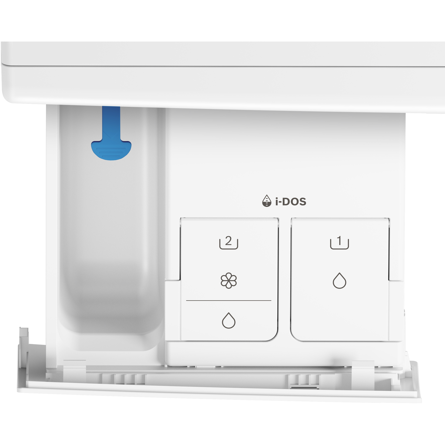 A white washing machine soap dispenser with three compartments and the i-DOS logo.