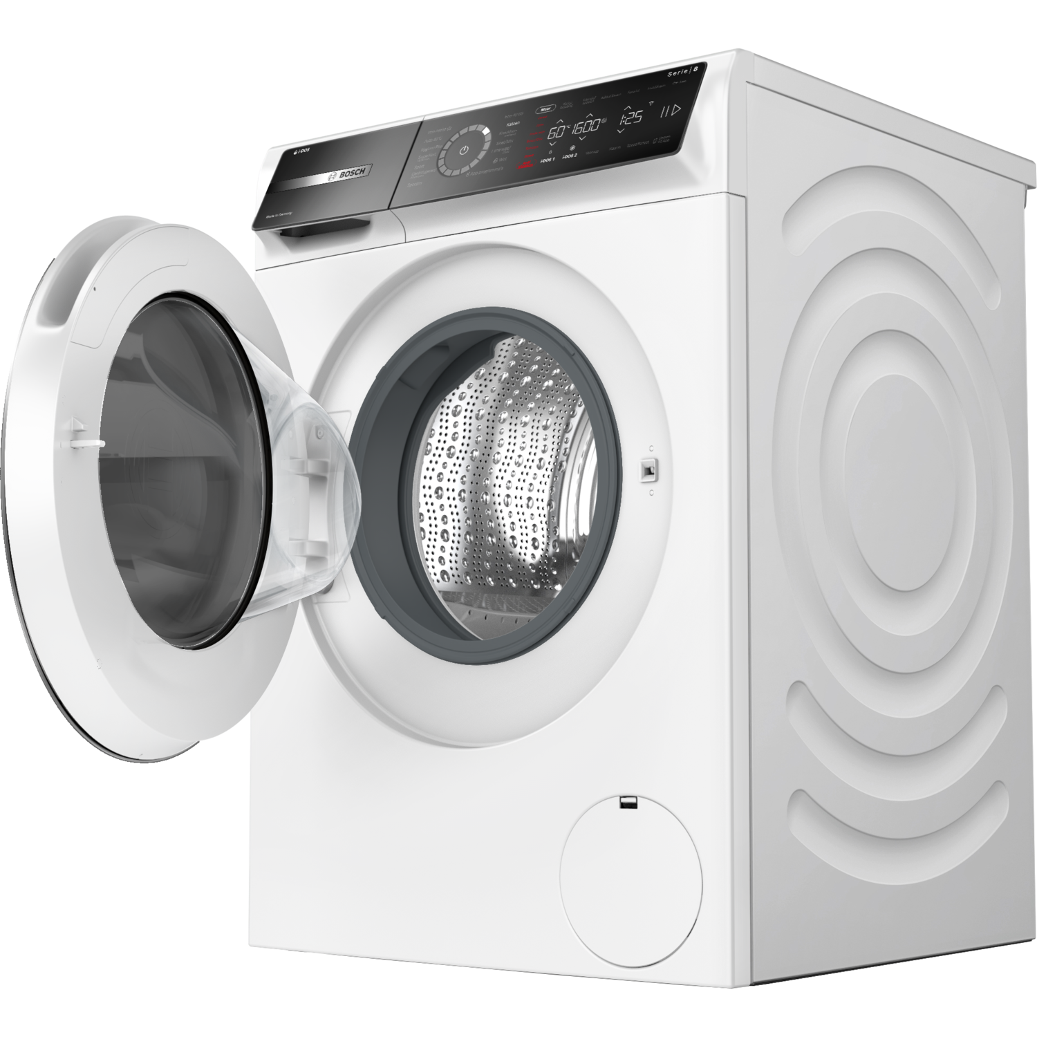 A white washing machine with the door open on a black background.
