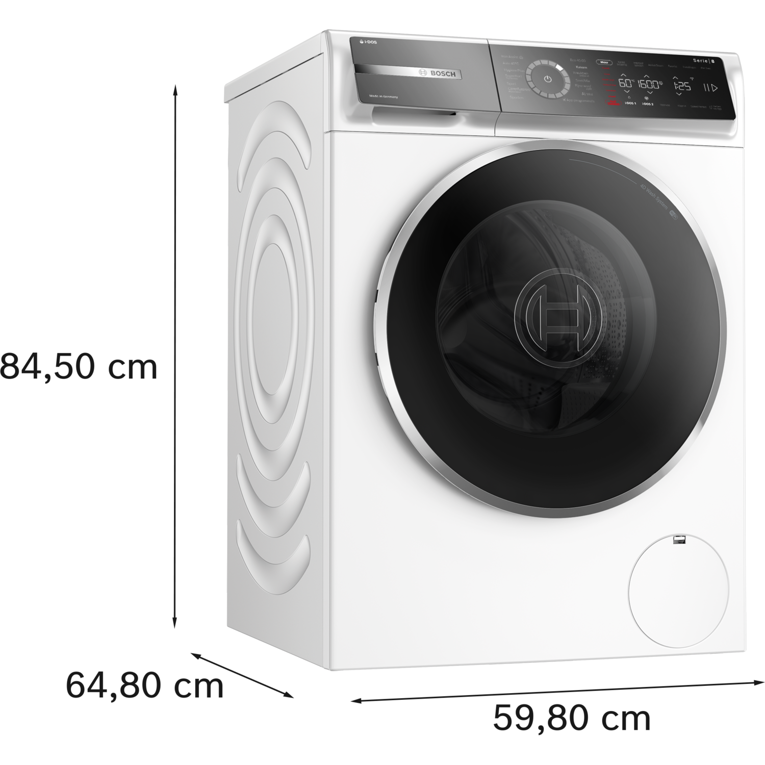 White washing machine, angled view. Features a black door and control panel with digital display.