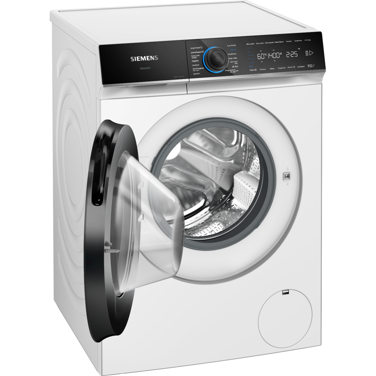 White washing machine with open door. Black control panel on top.