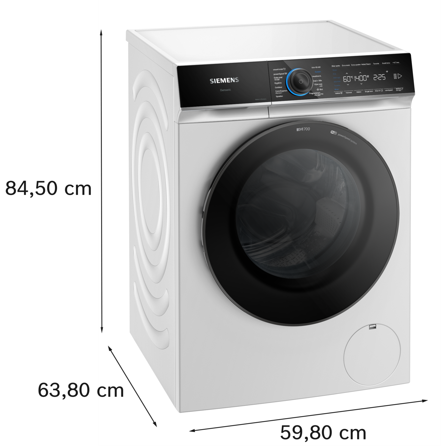 A white washing machine with a black door, control panel, and a top logo.