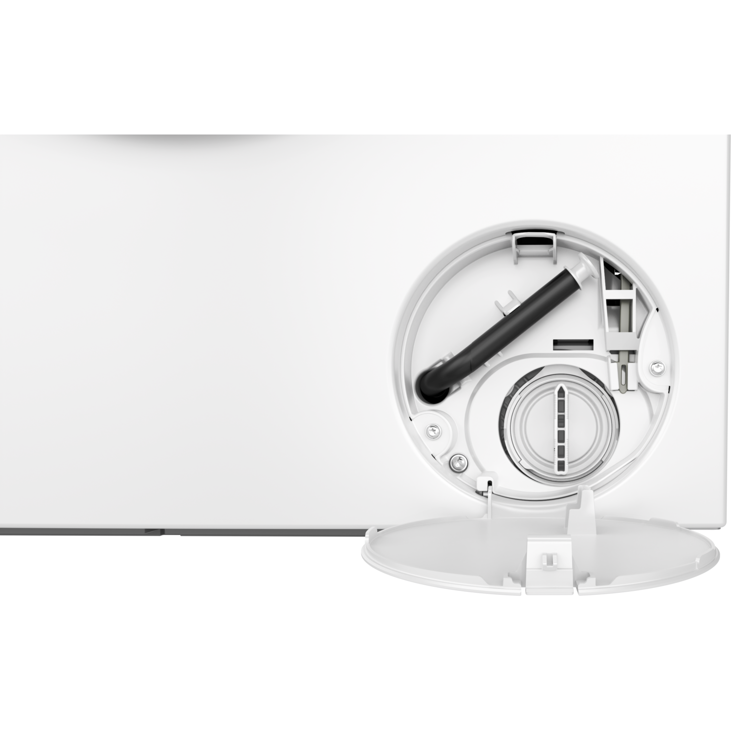 White device with an open compartment revealing internal components and a black hose.