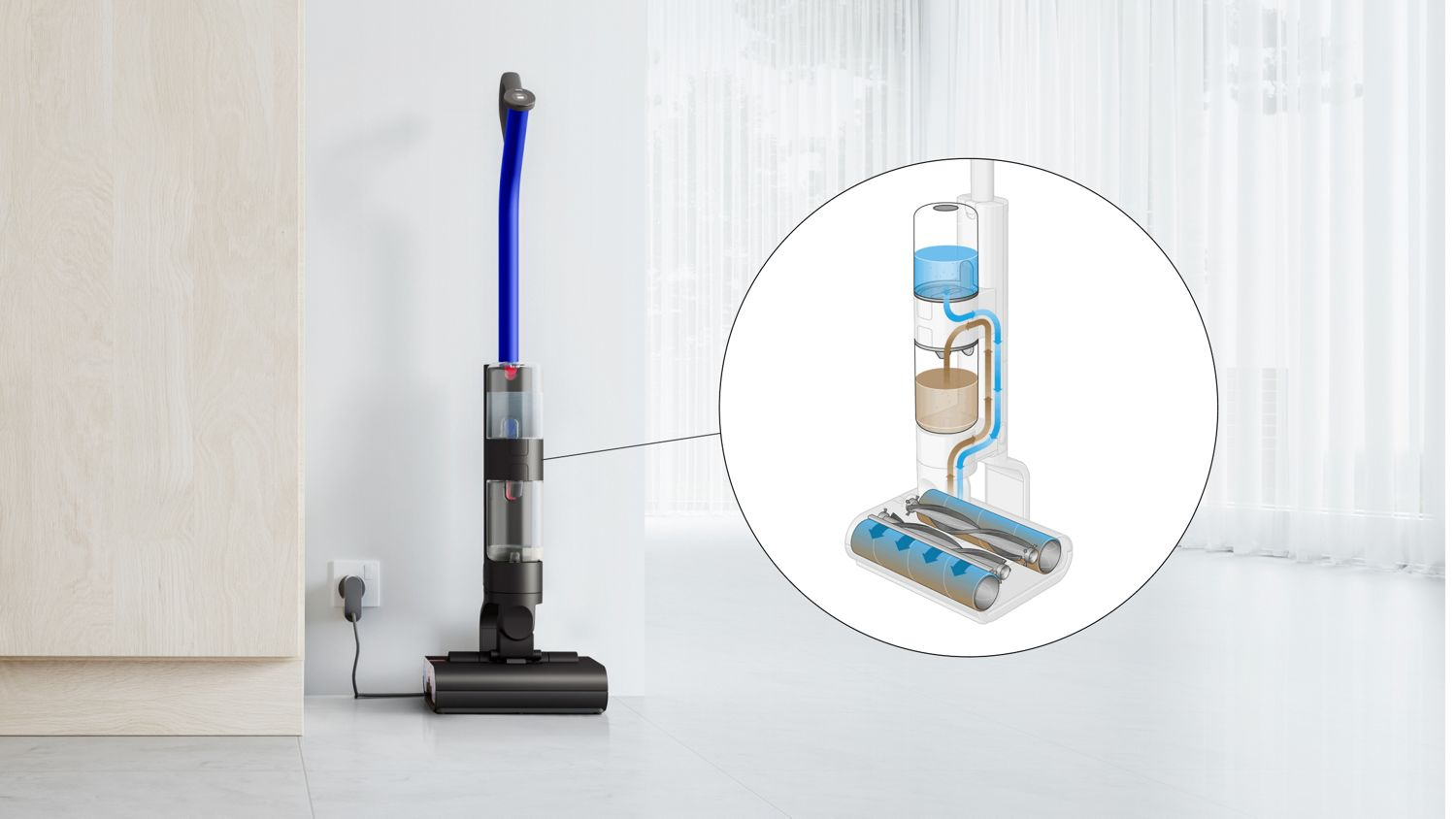 Aspirateur sans fil avec une poignée bleue se chargeant près d'une prise murale.