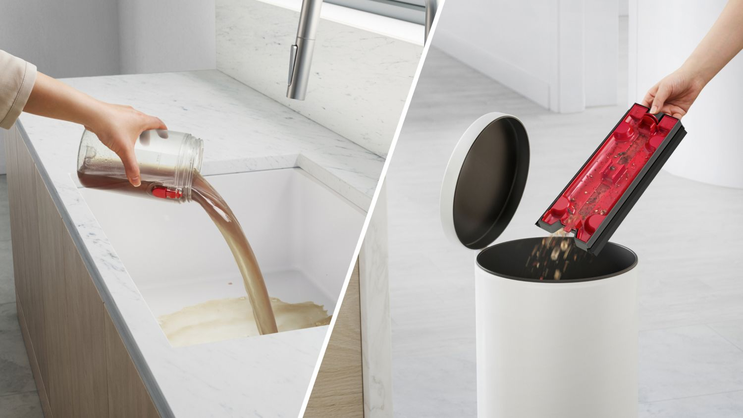 Mains versant du liquide dans un évier et vidant un filtre à déchets.