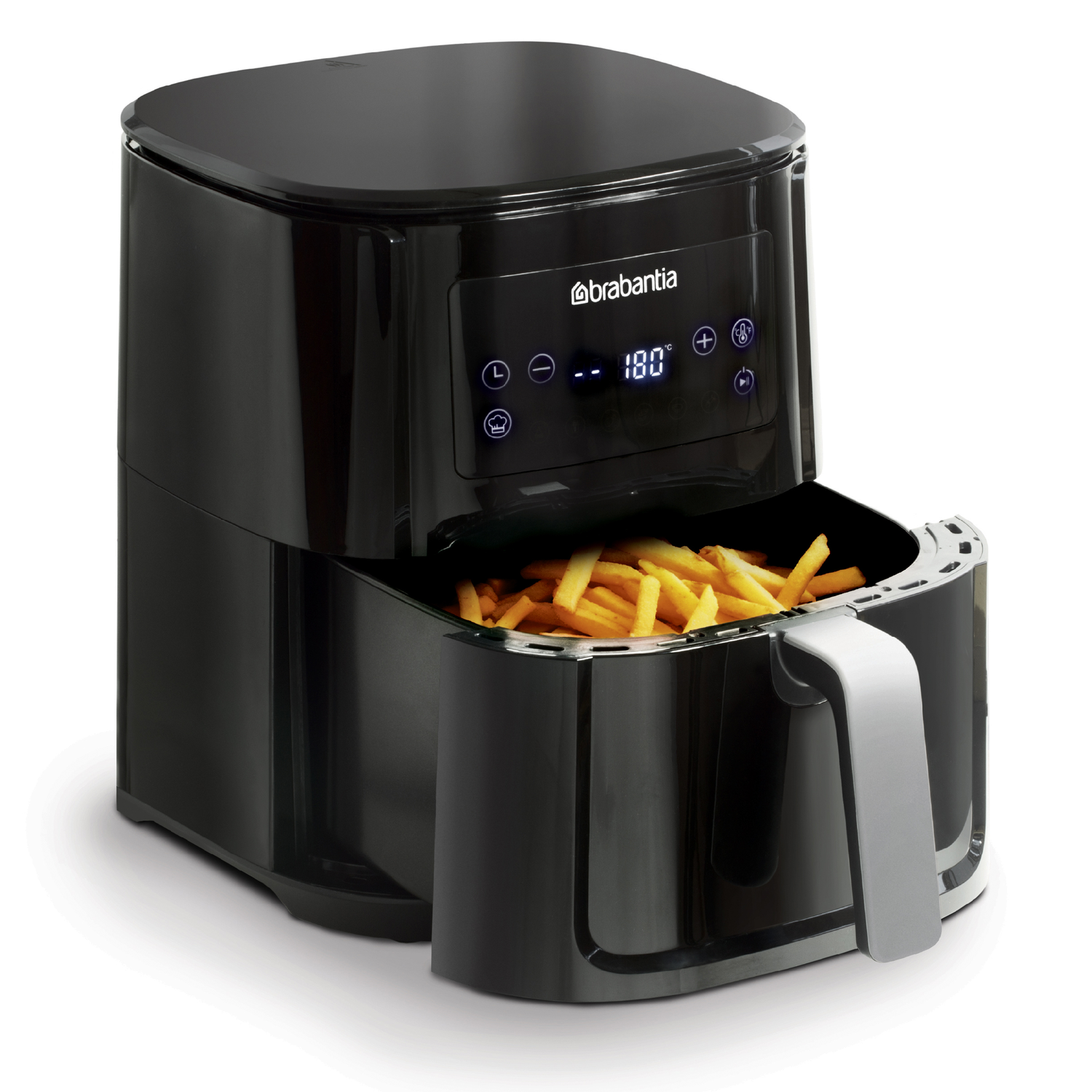 A black air fryer with fries in the basket and a digital display showing 180 degrees.