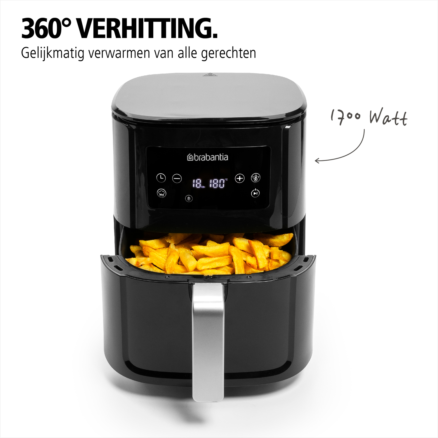 Black air fryer with fries in the drawer. Digital display shows settings. Text: 360° Verhitting, 1700 Watt.