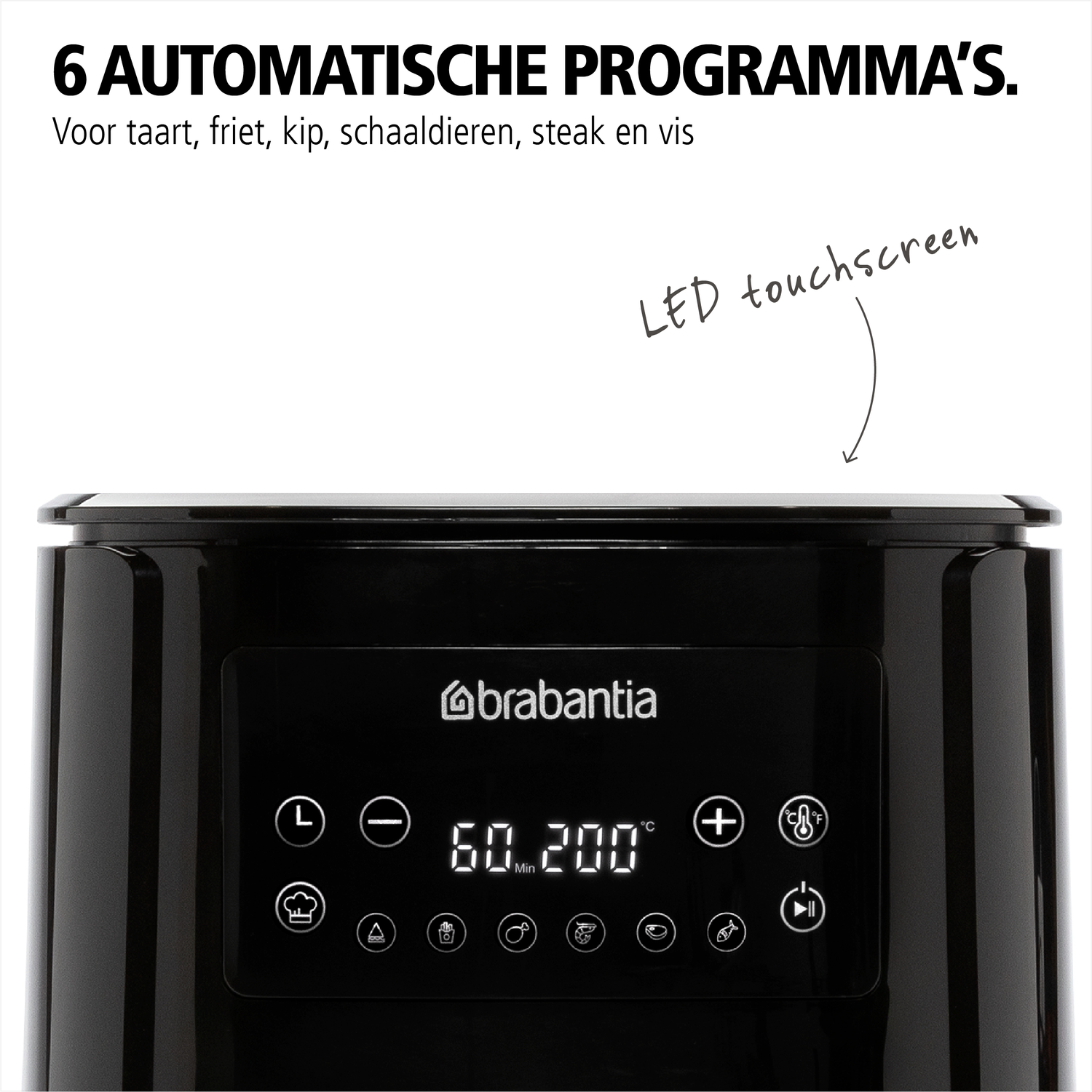 Black air fryer with a touchscreen display, labeled with cooking program options and temperature.