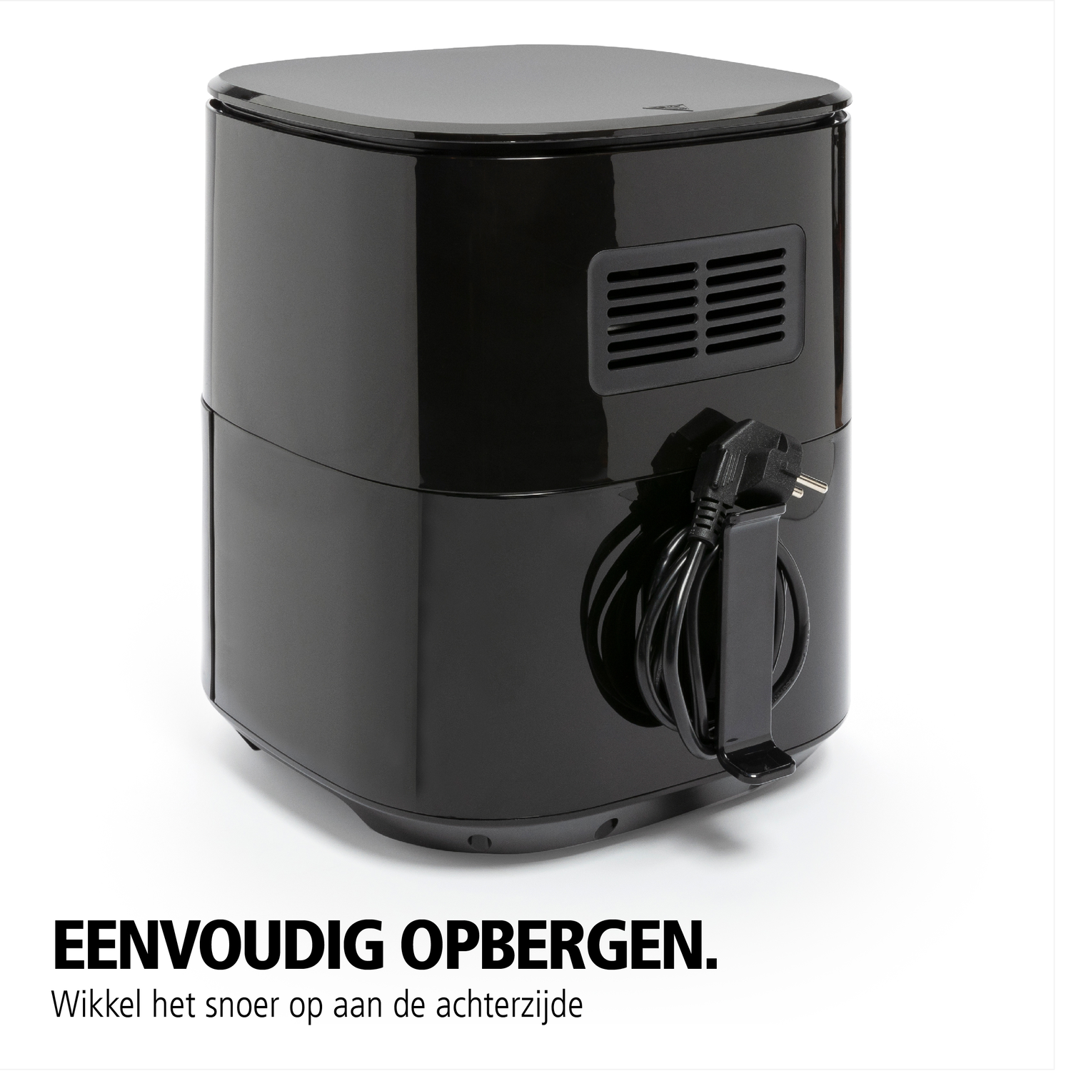 A black air fryer with the cord wrapped around the back. Text is in Dutch.