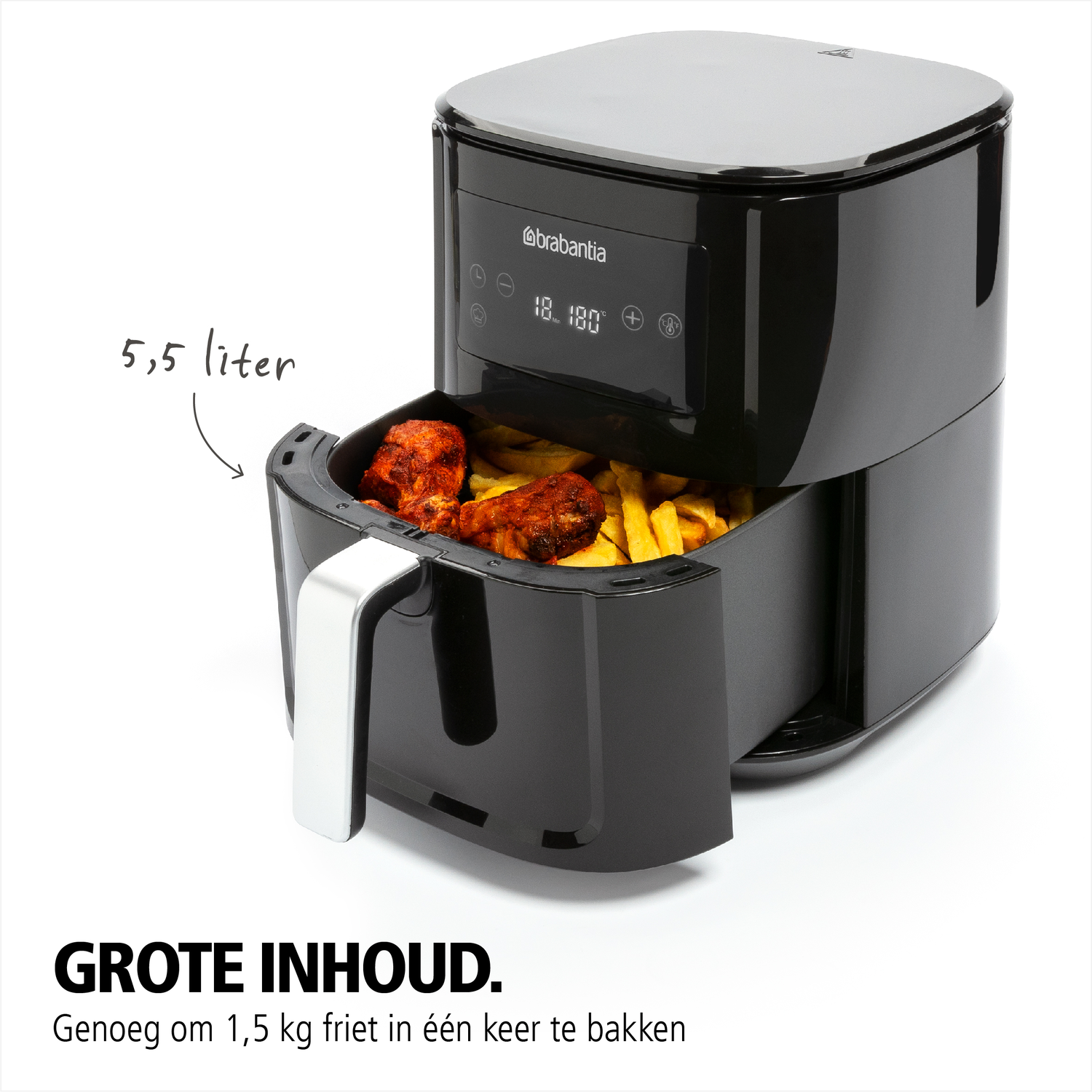 Black air fryer with food inside, and text about capacity.