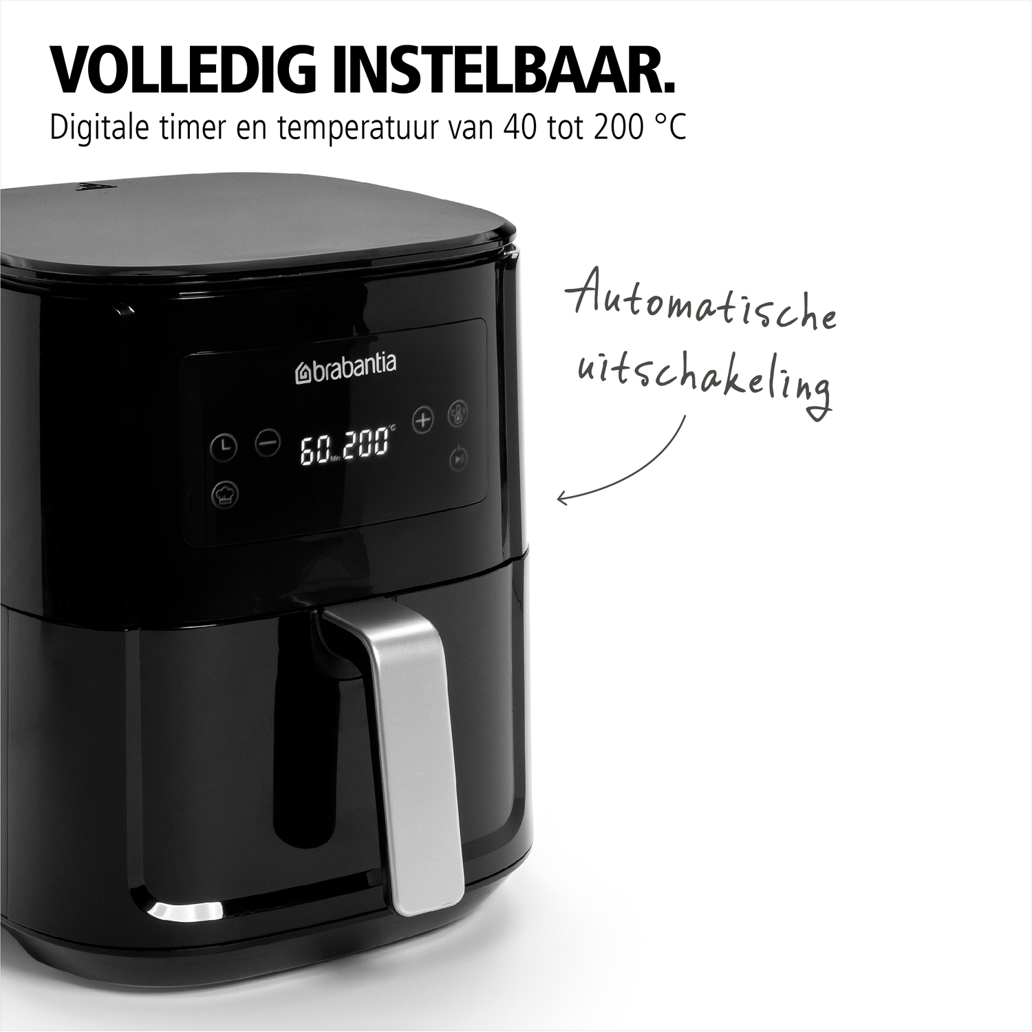 Black air fryer with a silver handle and a digital display showing settings.