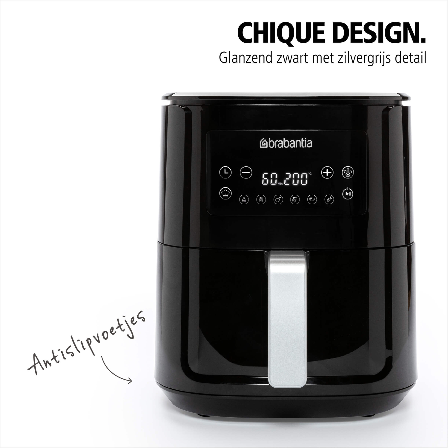 A black air fryer with touch controls and the word Brabantia on the front.