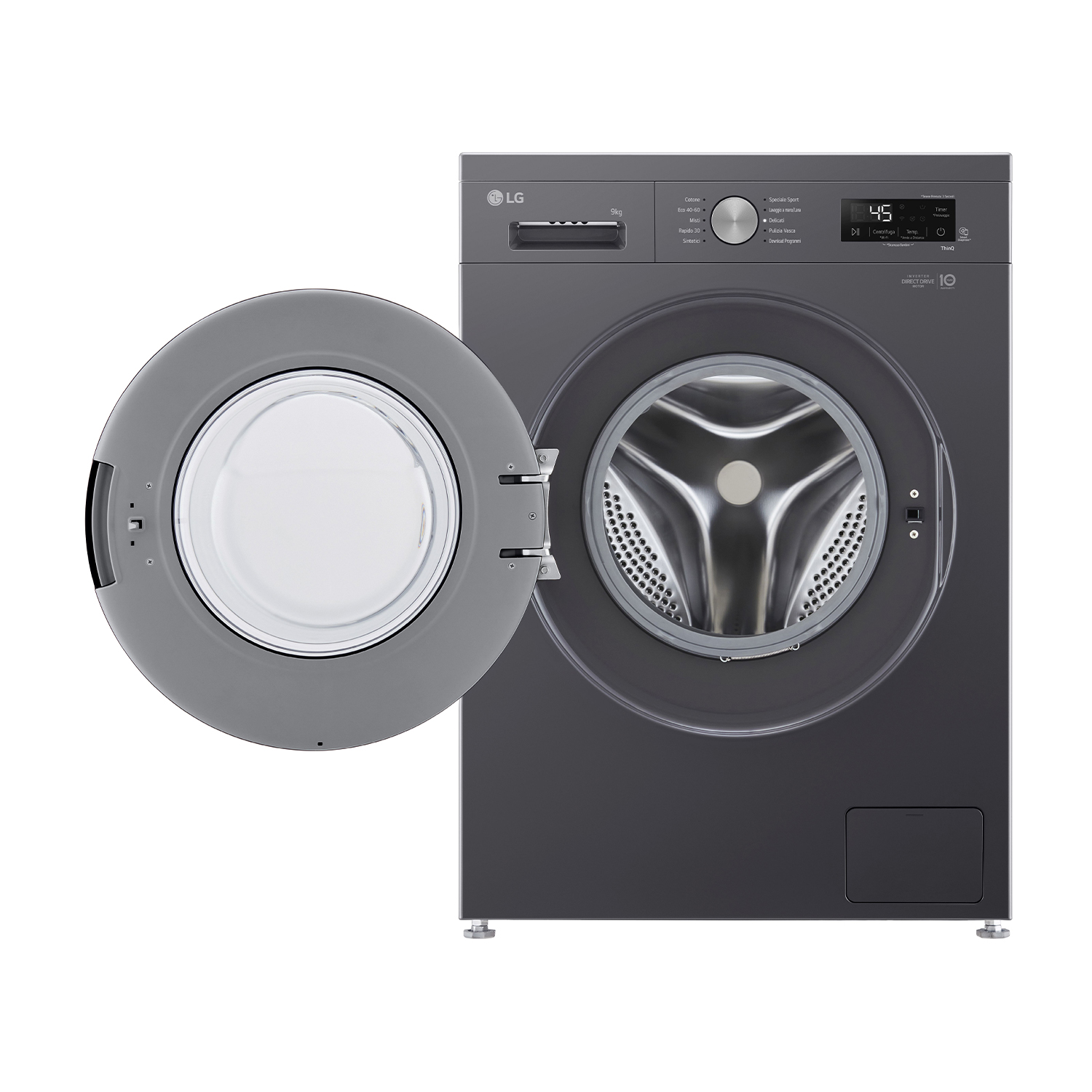 Lavatrice con porta aperta, colore grigio scuro.