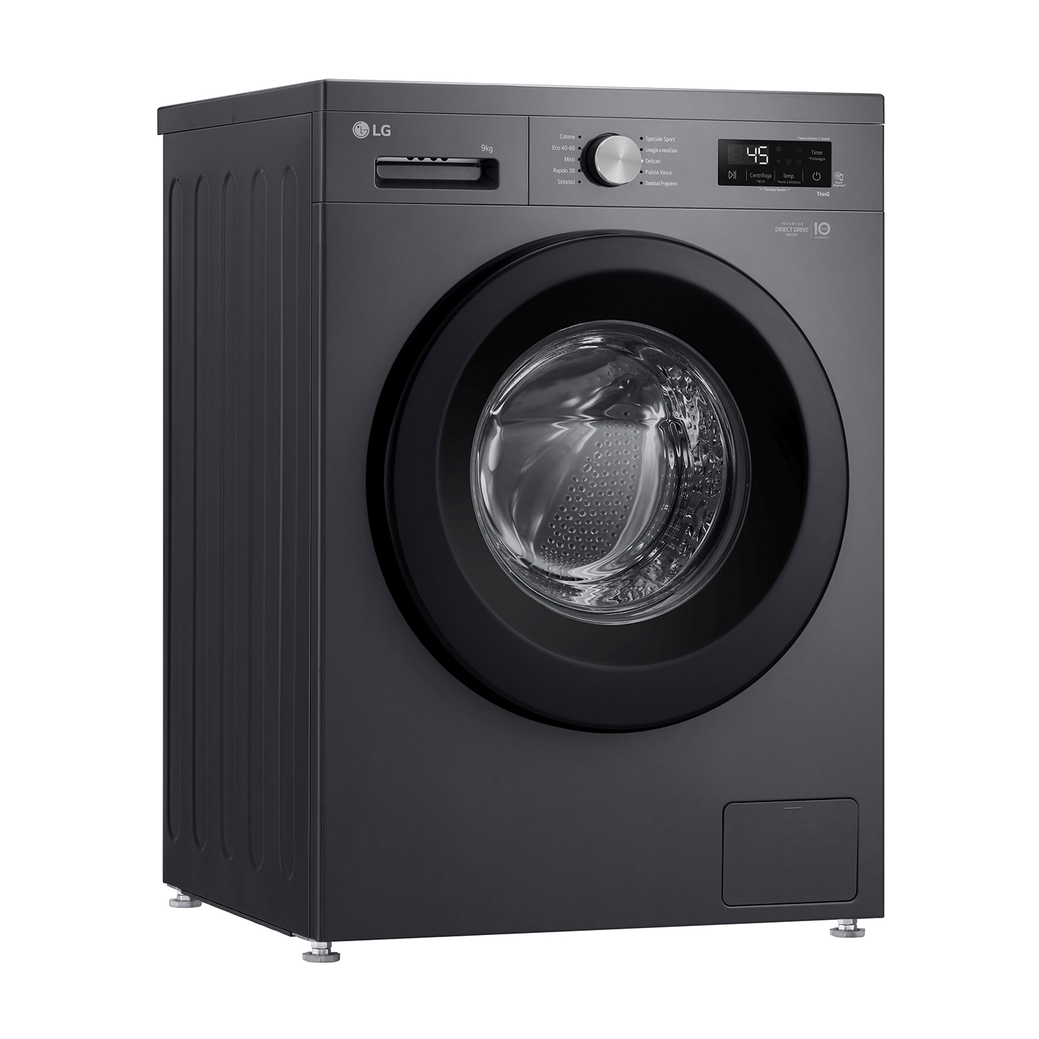 Lavatrice LG nera con porta nera e display digitale. È su una superficie bianca.