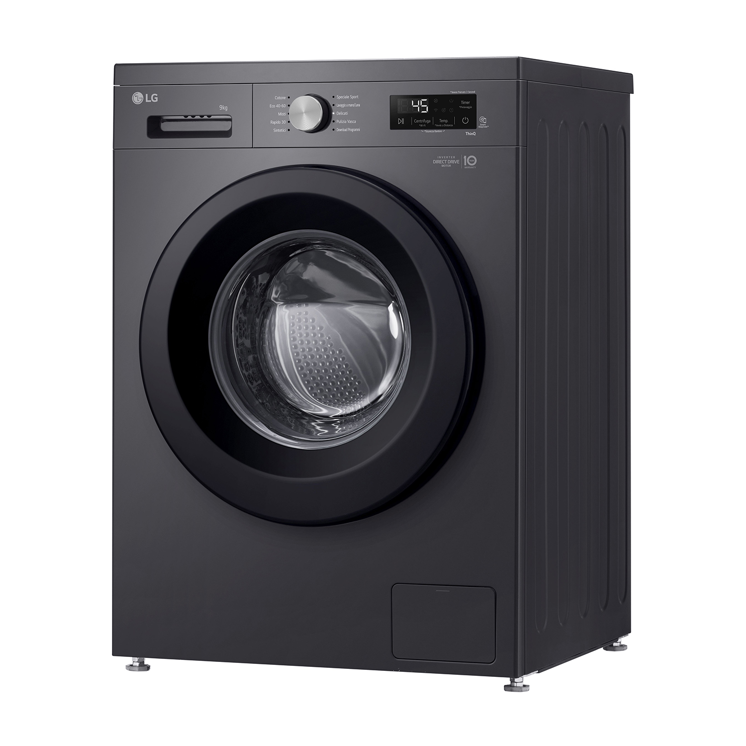 Lavatrice LG nera con porta rotonda nera e pannello di controllo.