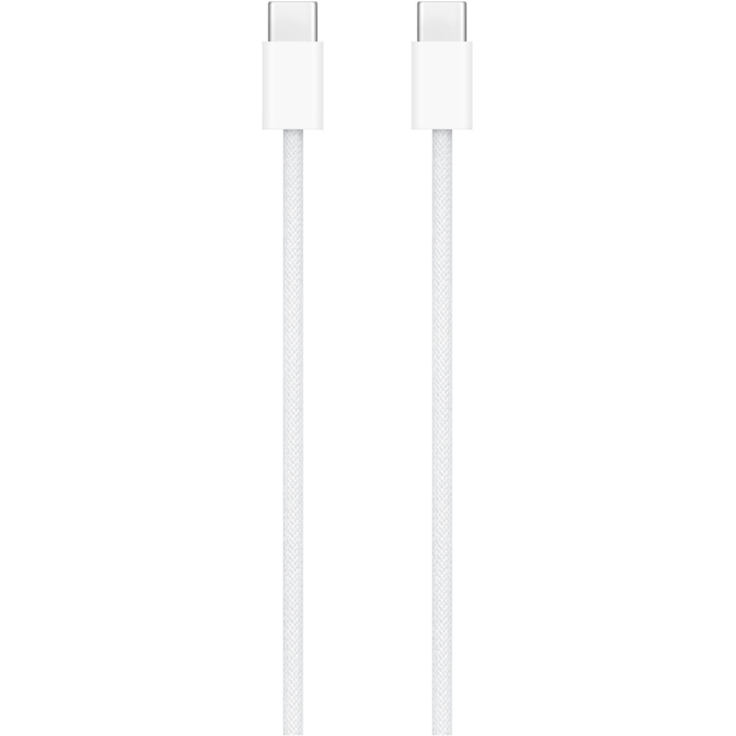White USB-C cable. Two connectors, white background. Braided cable.