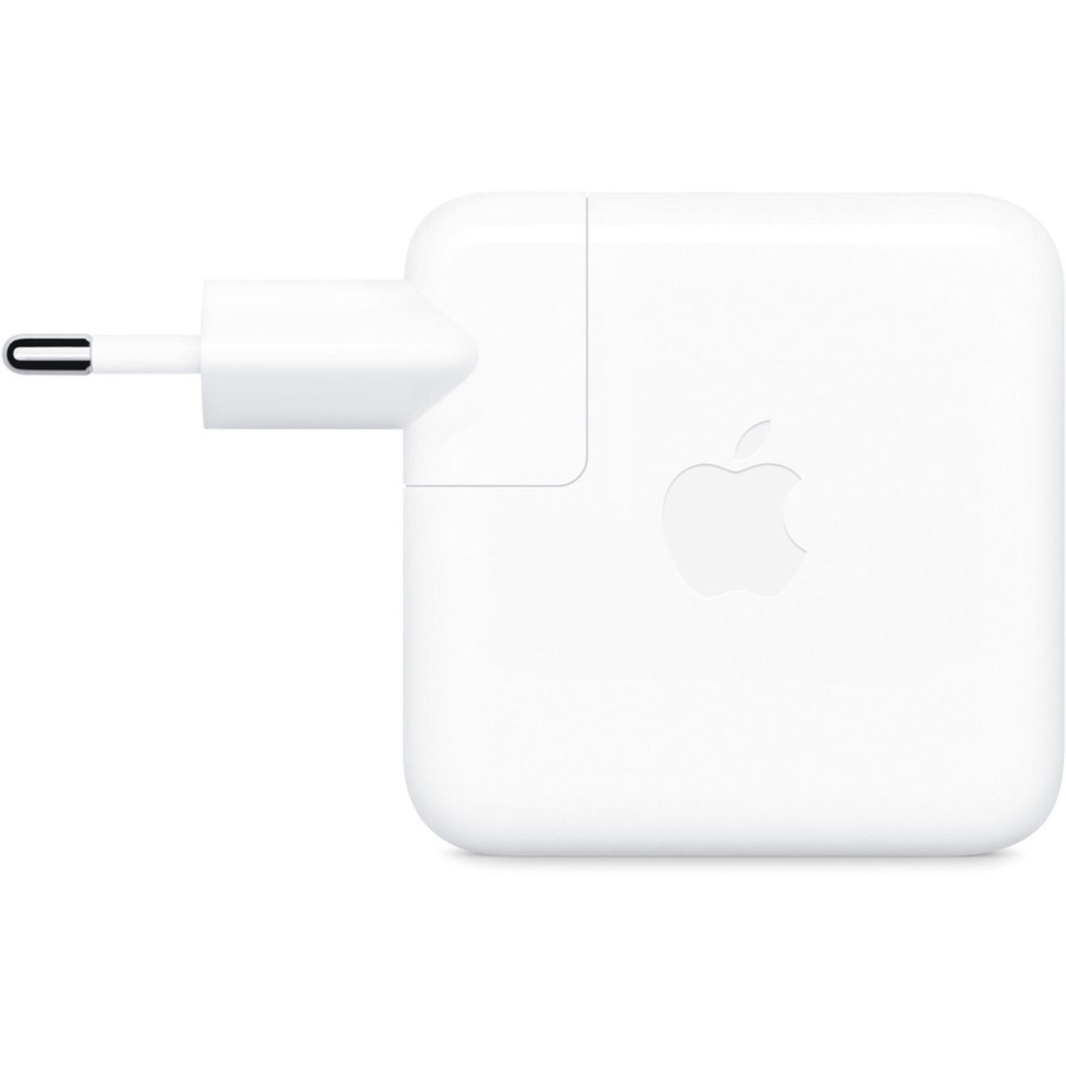 White Apple charger. Has USB-C port and Apple logo.