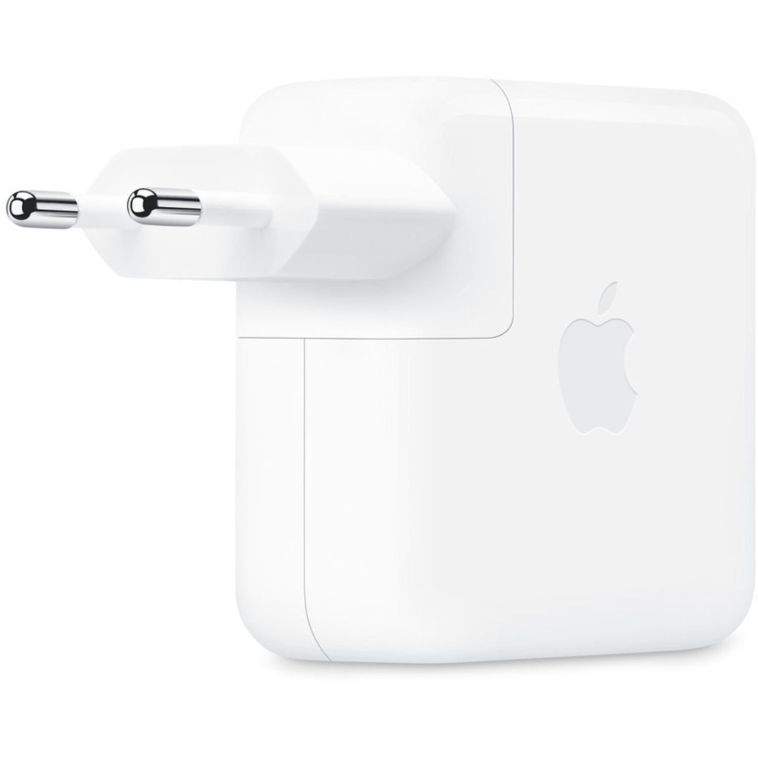 White Apple power adapter with a plug. It has the Apple logo on the side.