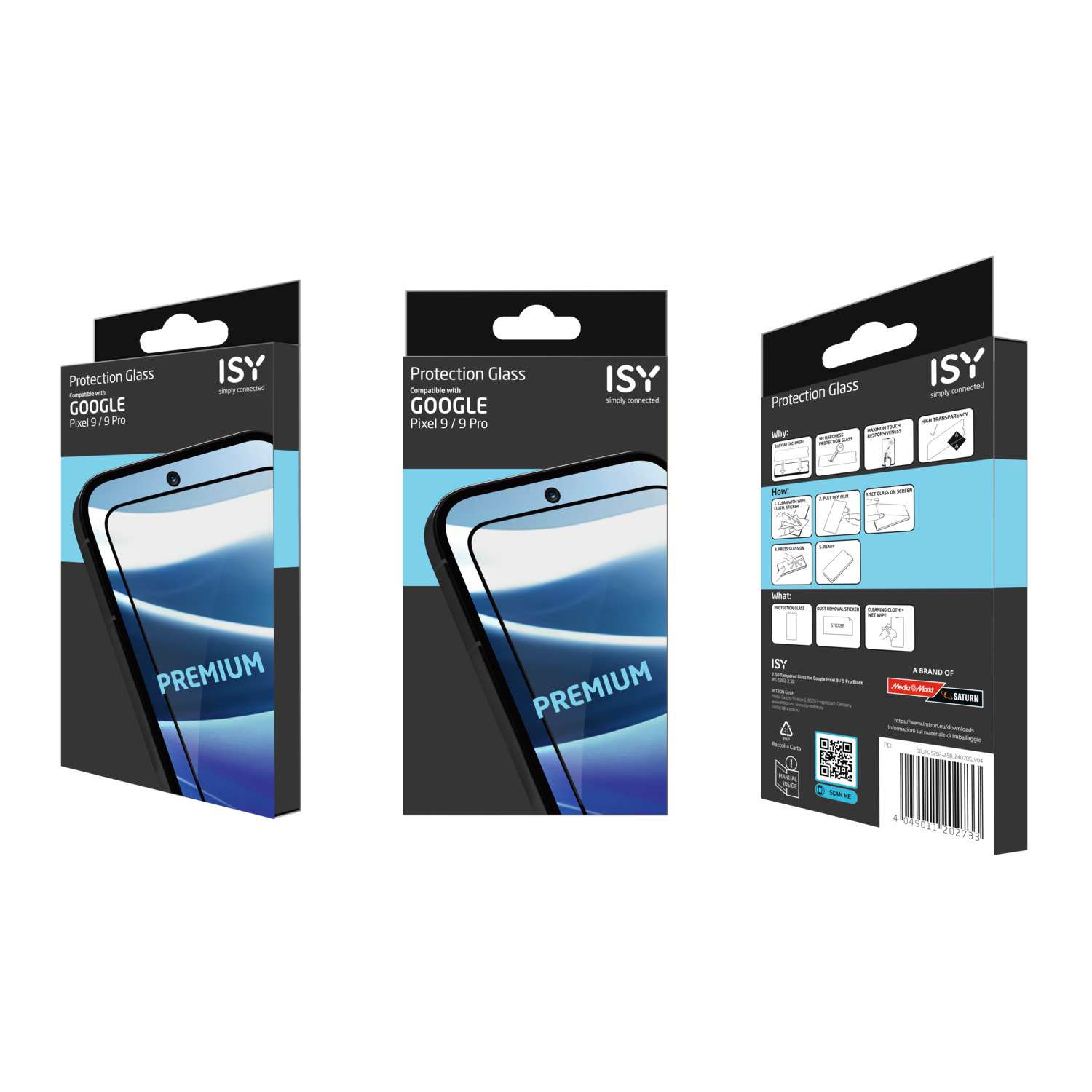 Three phone screen protectors in boxes, with product information.