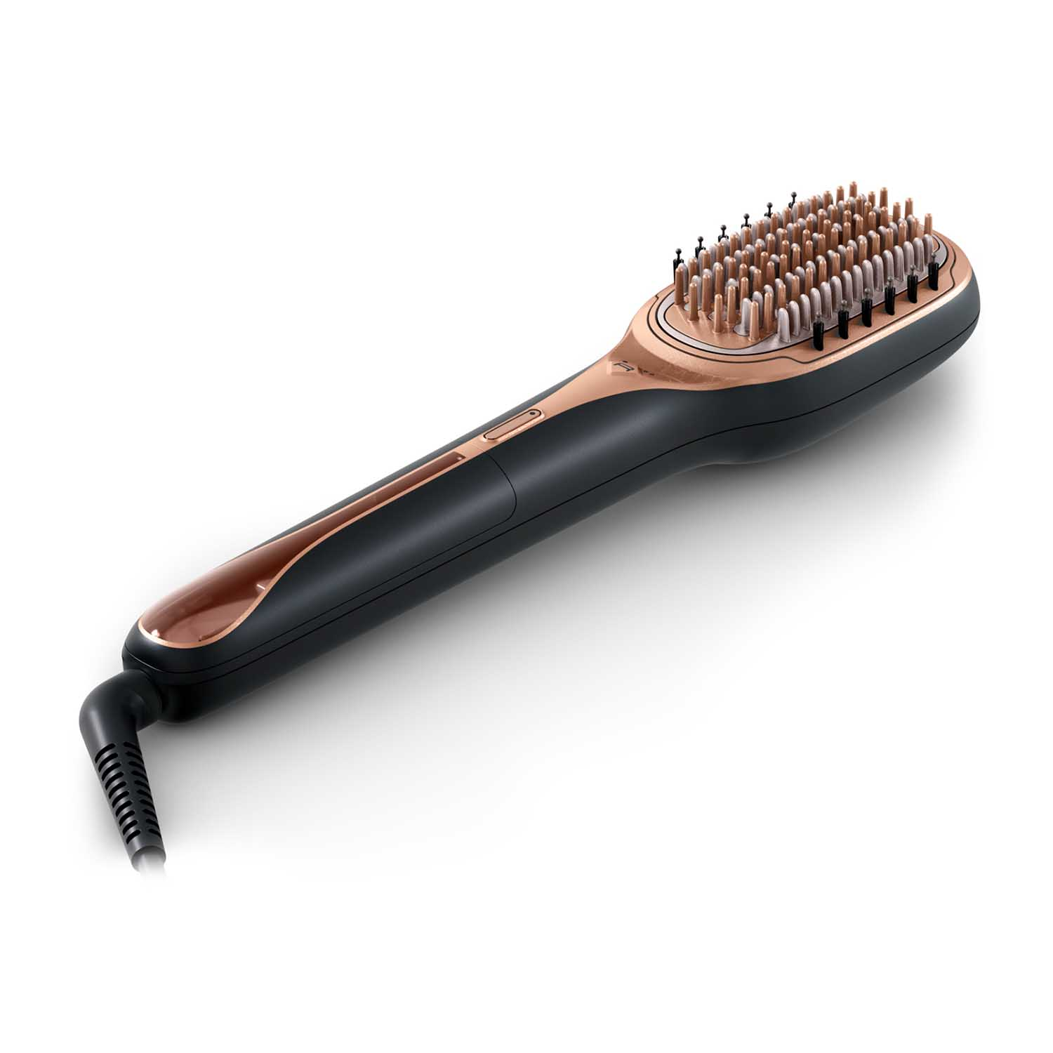 Spazzola lisciante per capelli nera e oro rosa, sfondo bianco.