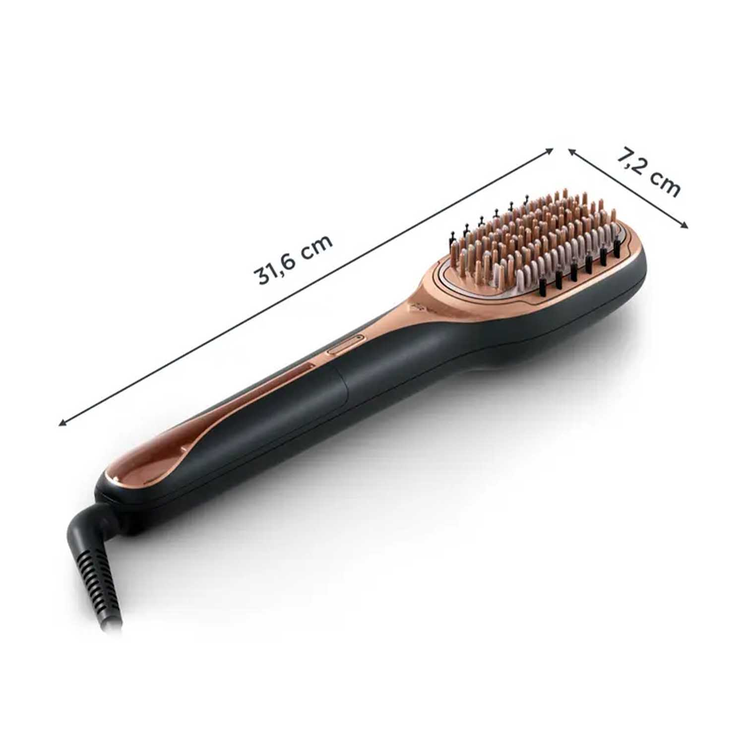 Spazzola lisciante per capelli, nera e oro rosa, con dimensioni: 31,6 cm di lunghezza e 7,2 cm di larghezza.