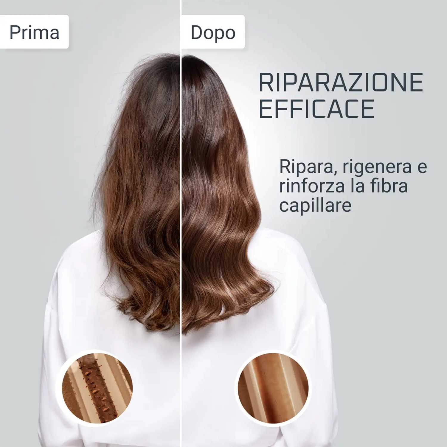 Immagine prima e dopo dei capelli. Il prima mostra capelli danneggiati, il dopo capelli lucenti.