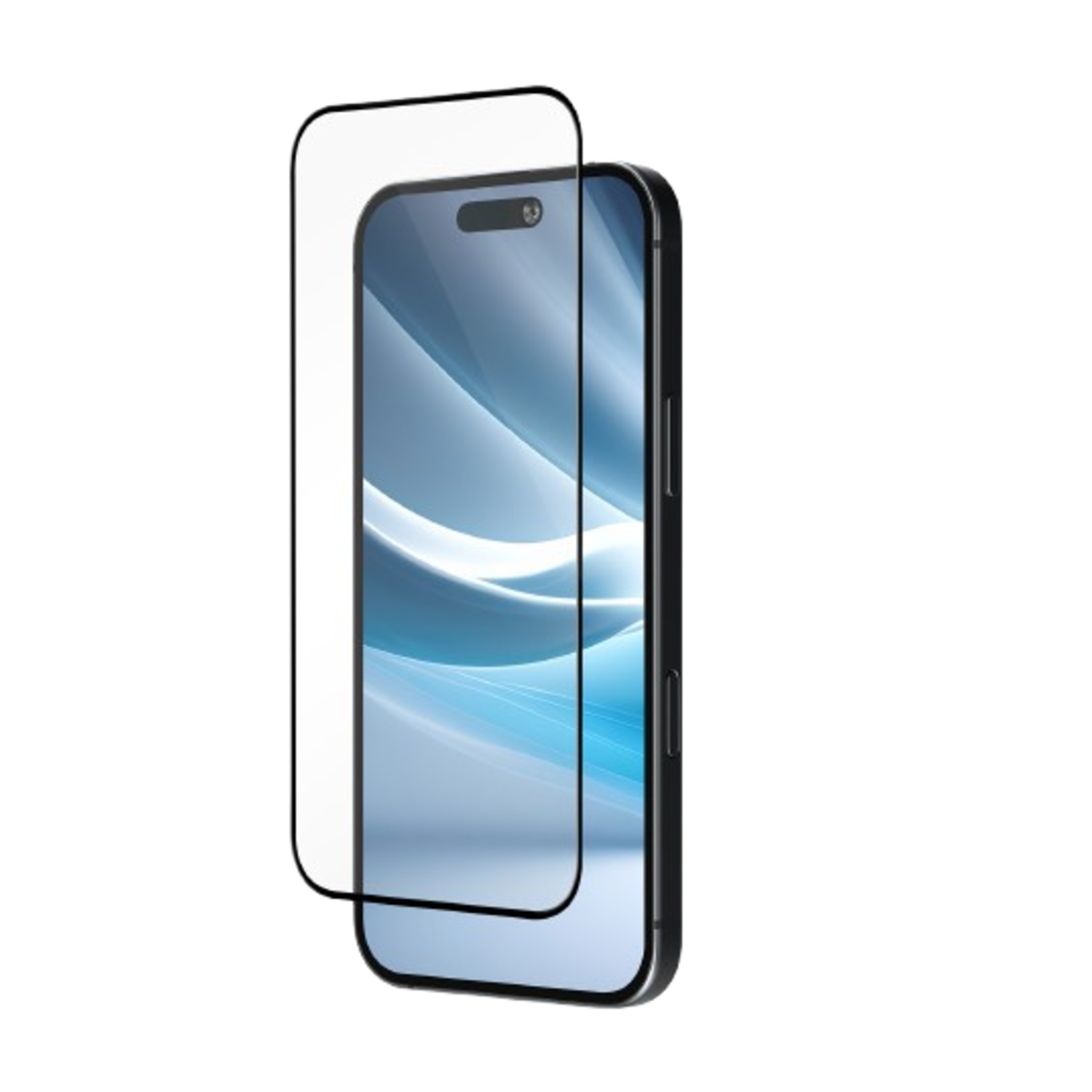 Téléphone avec protecteur d'écran. Le téléphone est noir, le protecteur est clair.