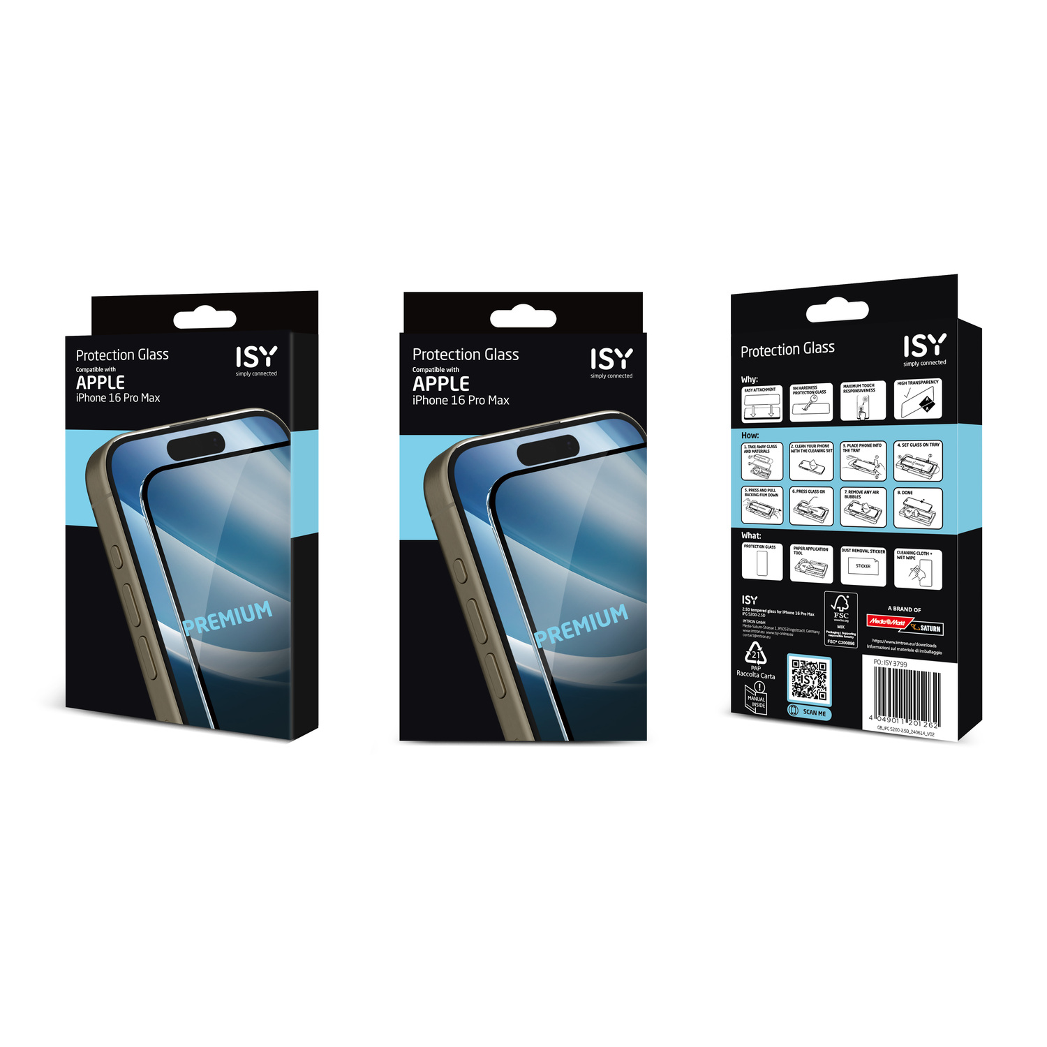 Trois boîtes de protecteurs d'écran pour iPhone 16 Pro Max. Les boîtes montrent l'écran du téléphone.