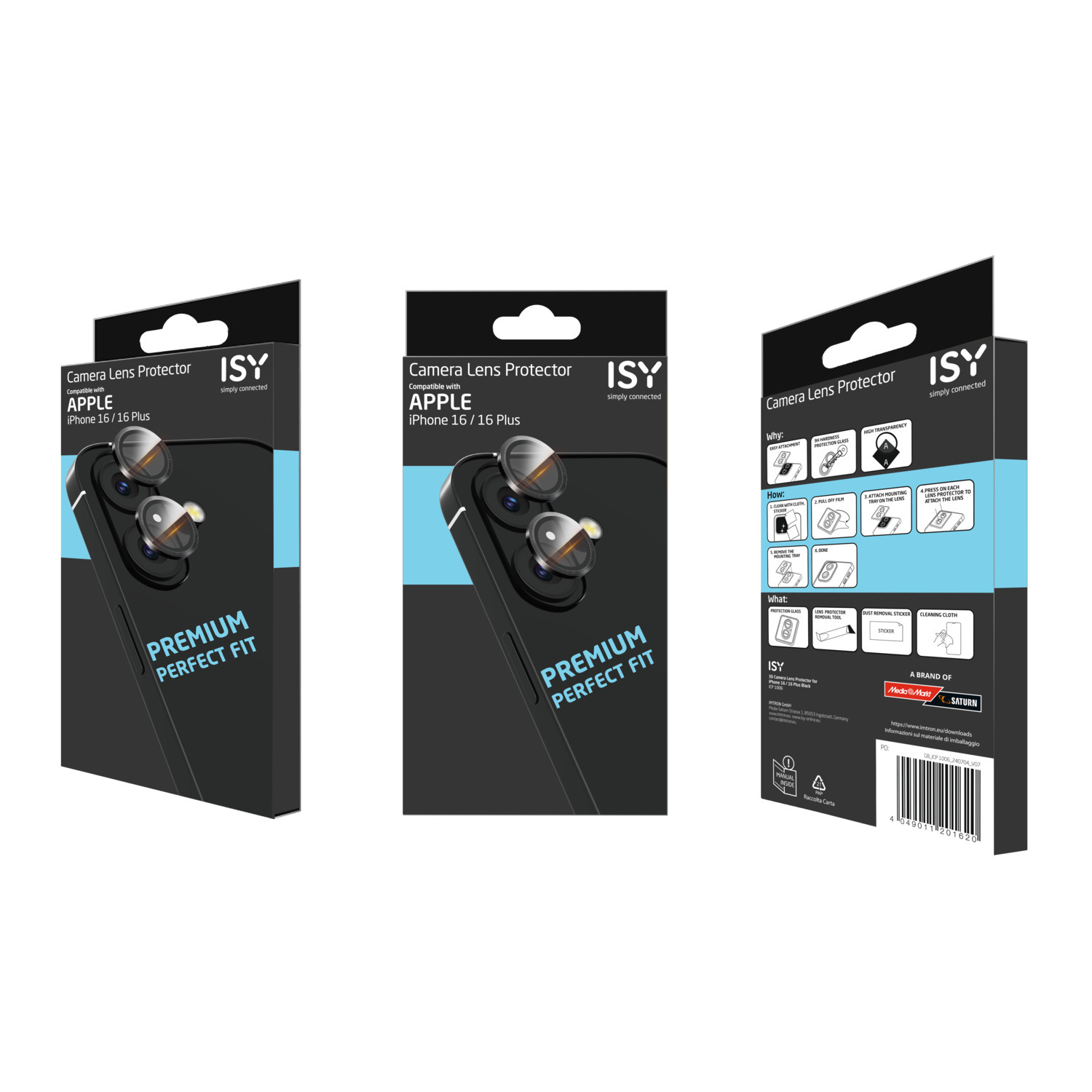 Three boxes of camera lens protectors. They have a black phone image and product details.