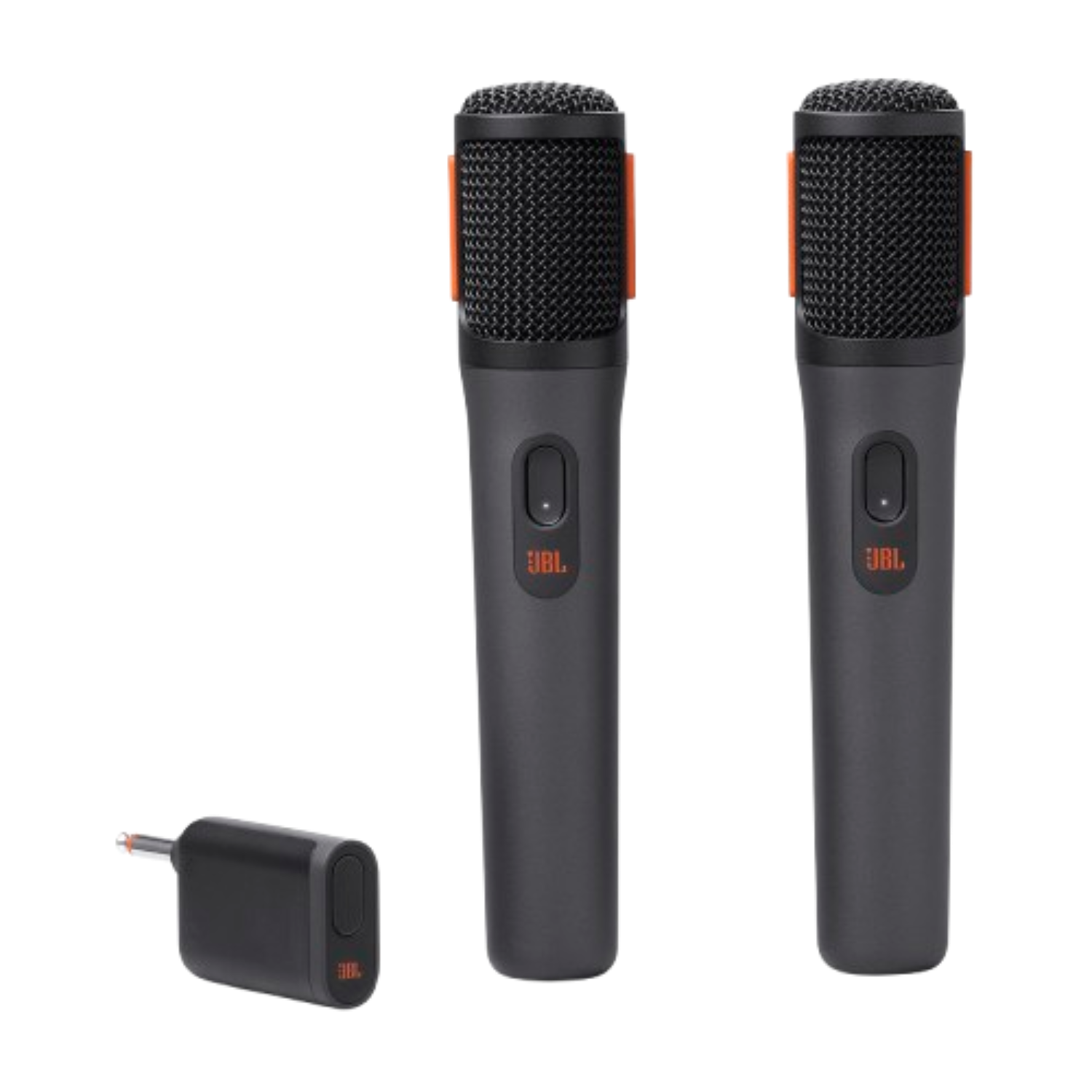 Deux microphones JBL noirs avec des accents orange et une station de charge.