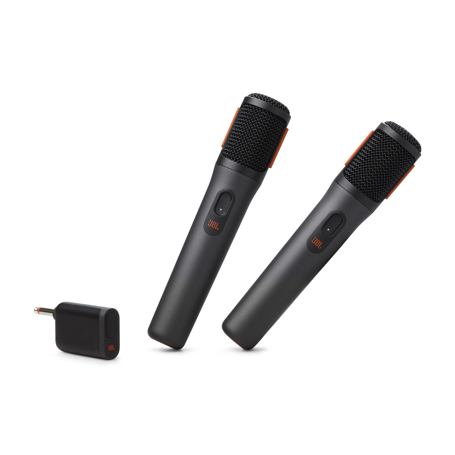 Deux microphones JBL noirs et un récepteur, présentés sur fond blanc.