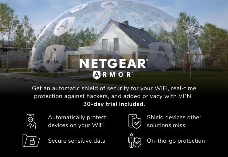 Ein Haus mit einer Schutzkuppel darüber, mit Text über die NETGEAR ARMOR Sicherheit.