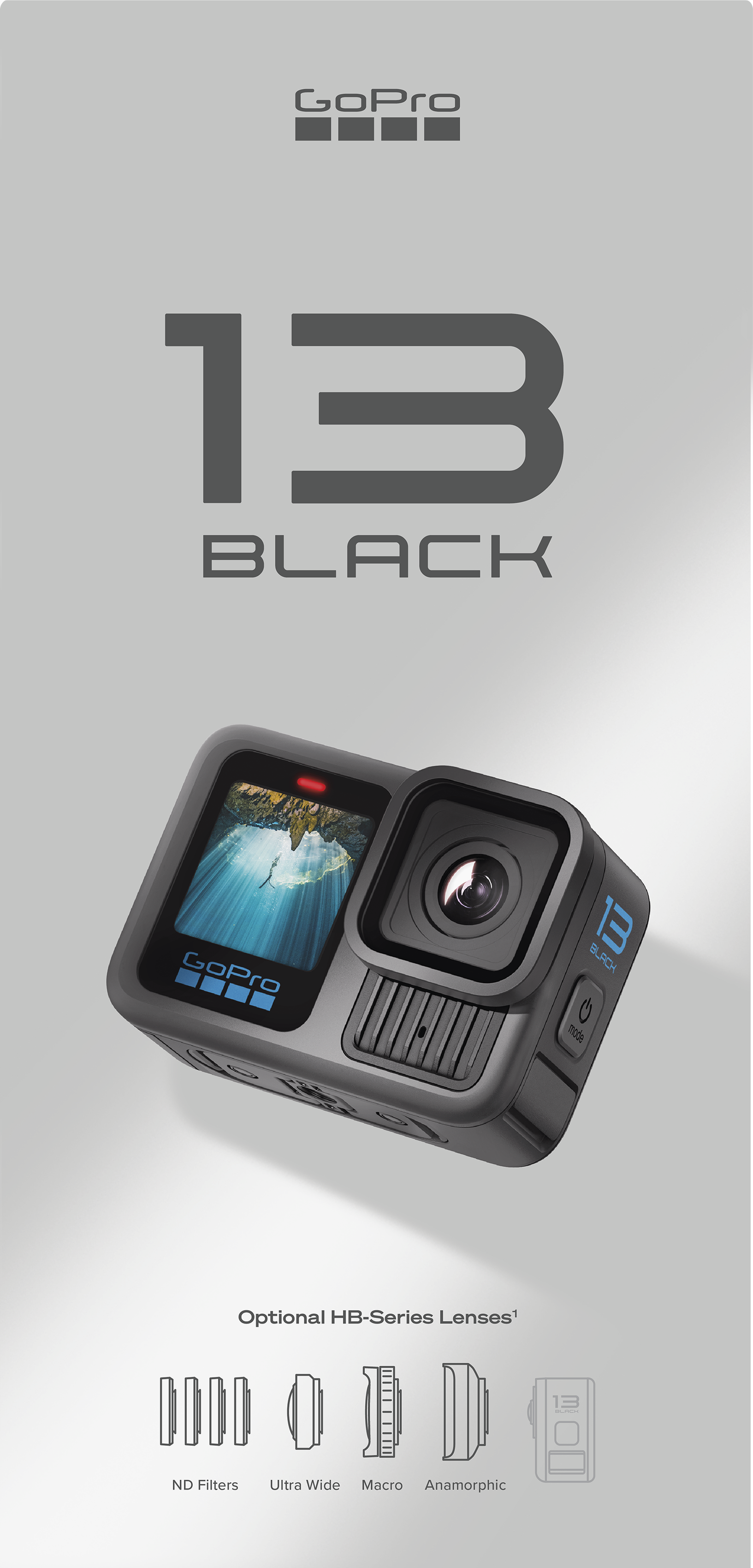 GoPro 13 Black kamera szürke háttéren, objektív opciókkal és a GoPro logóval.