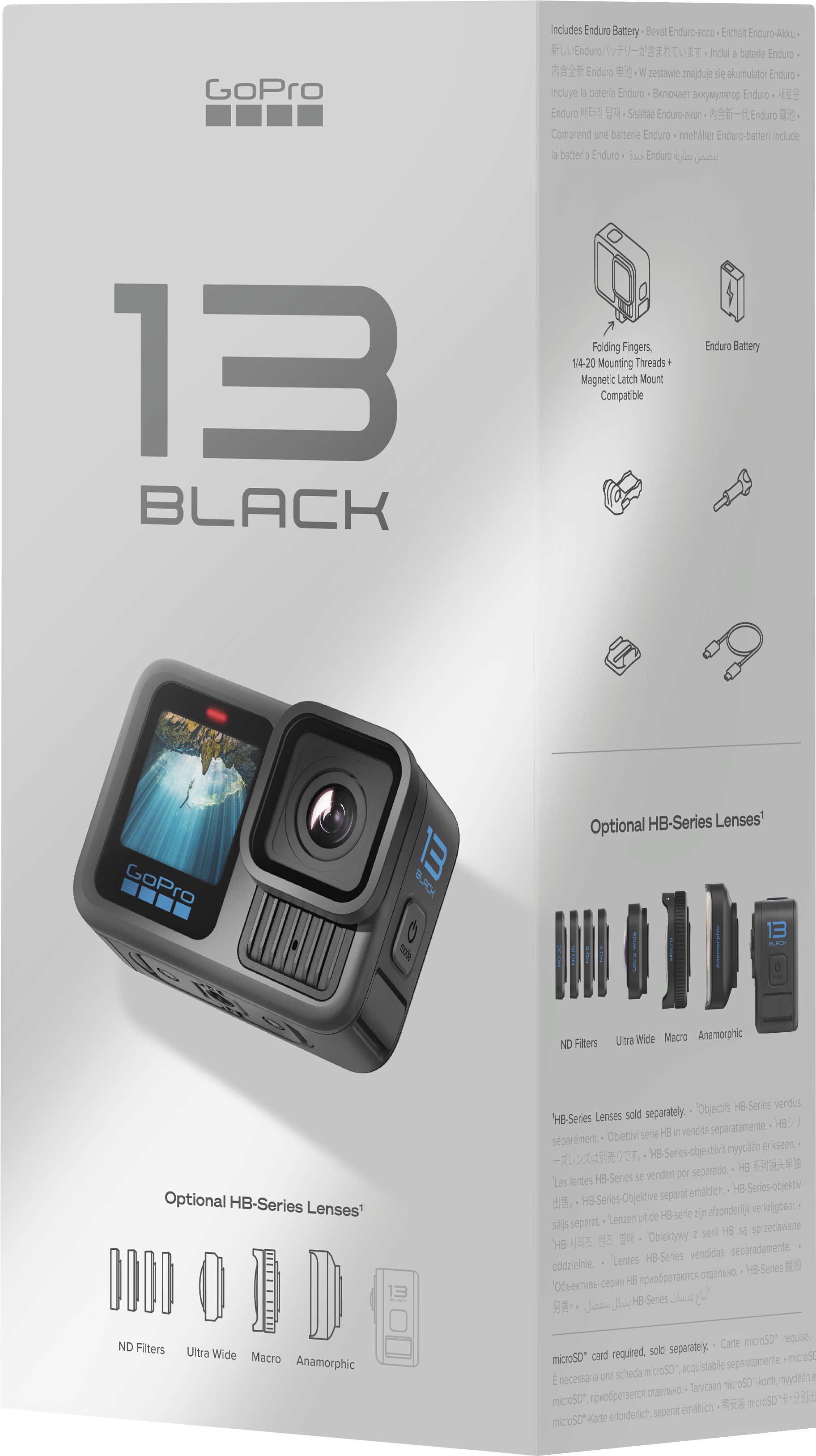 GoPro 13 Black doboz tartozékokkal, termékinformációkkal és a kamera képével.