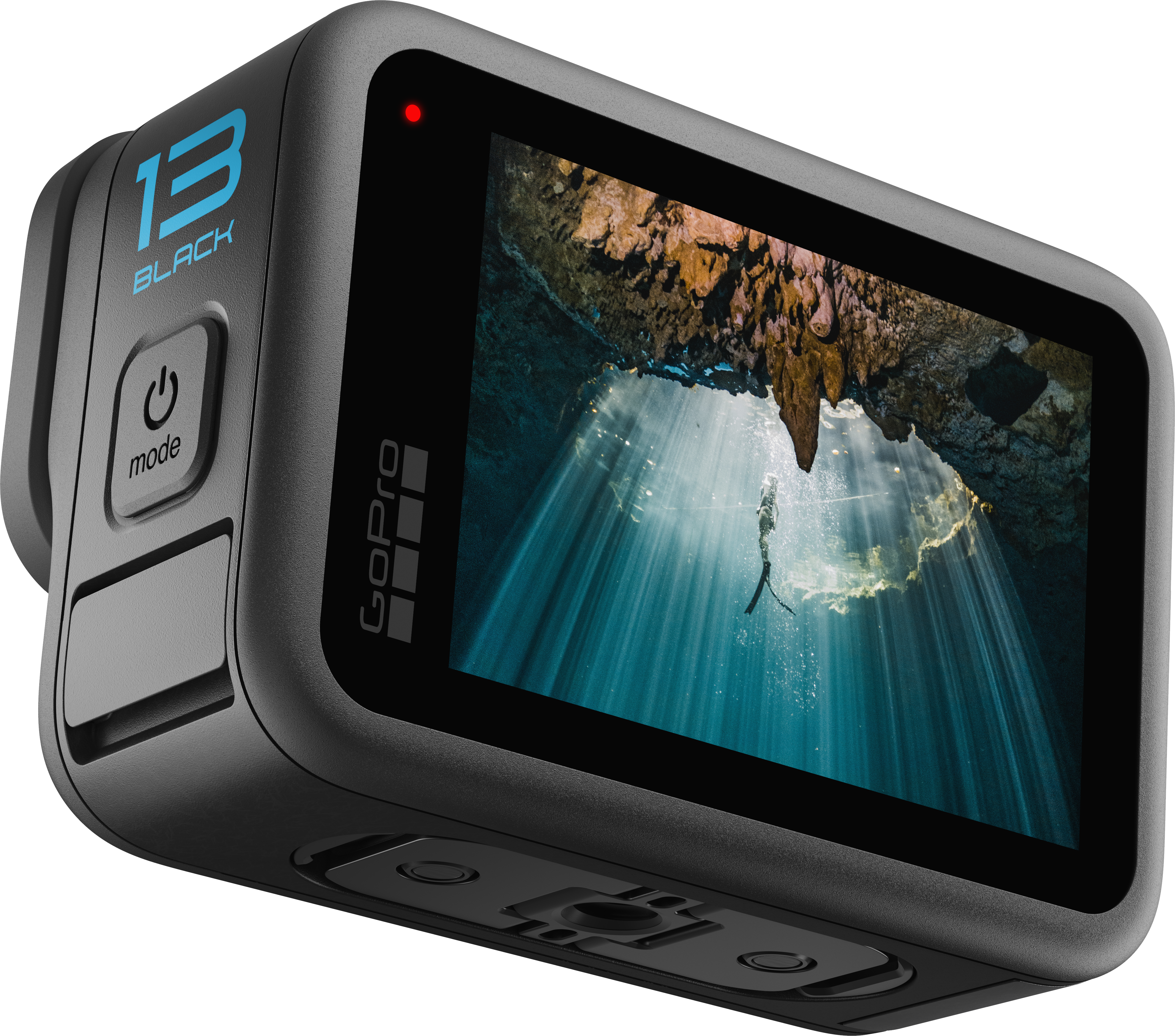 Egy fekete GoPro kamera, amely egy víz alatti jelenetet mutat.