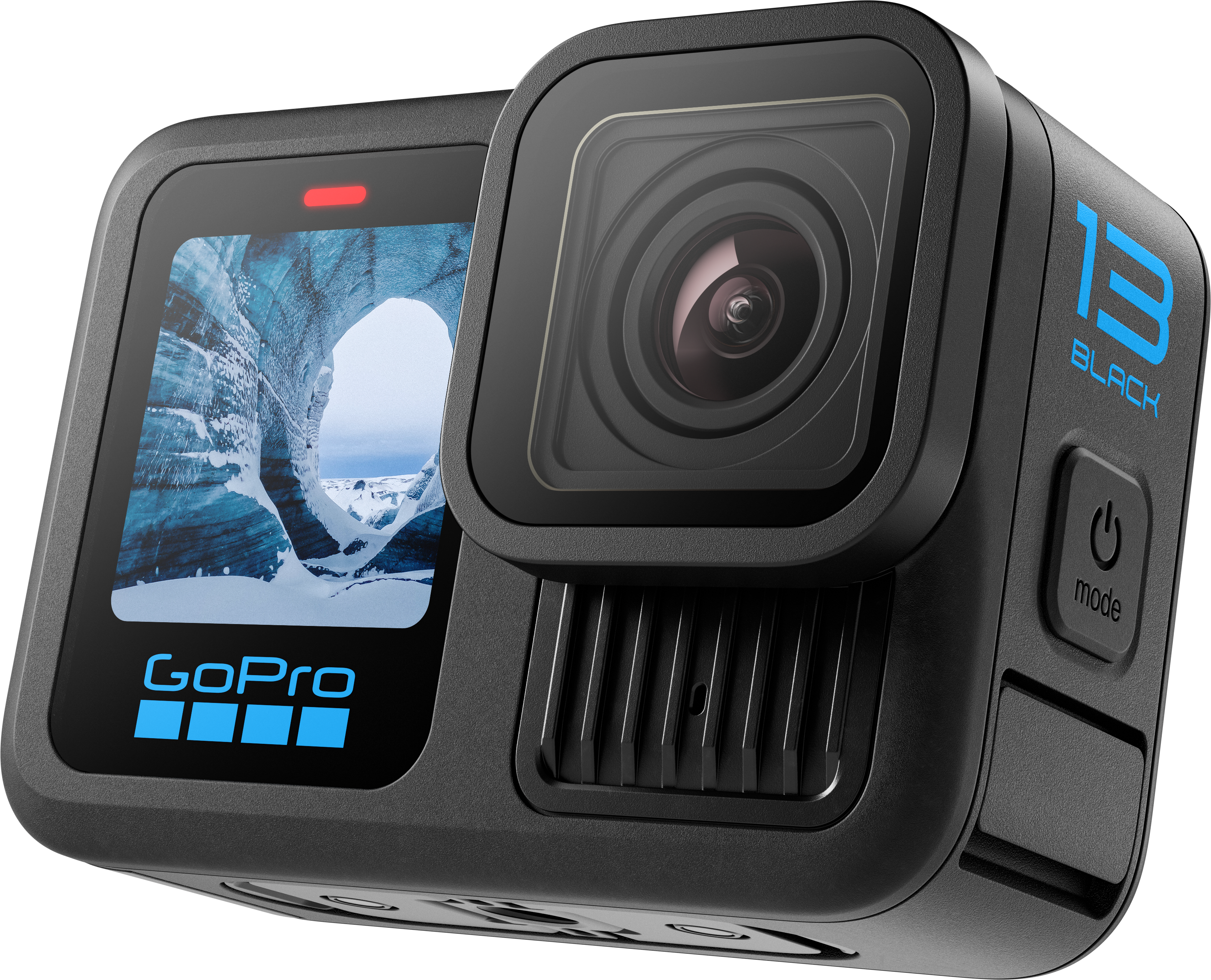 Fekete GoPro 13 kamera hóval borított tájképet és gombokat mutató képernyővel.