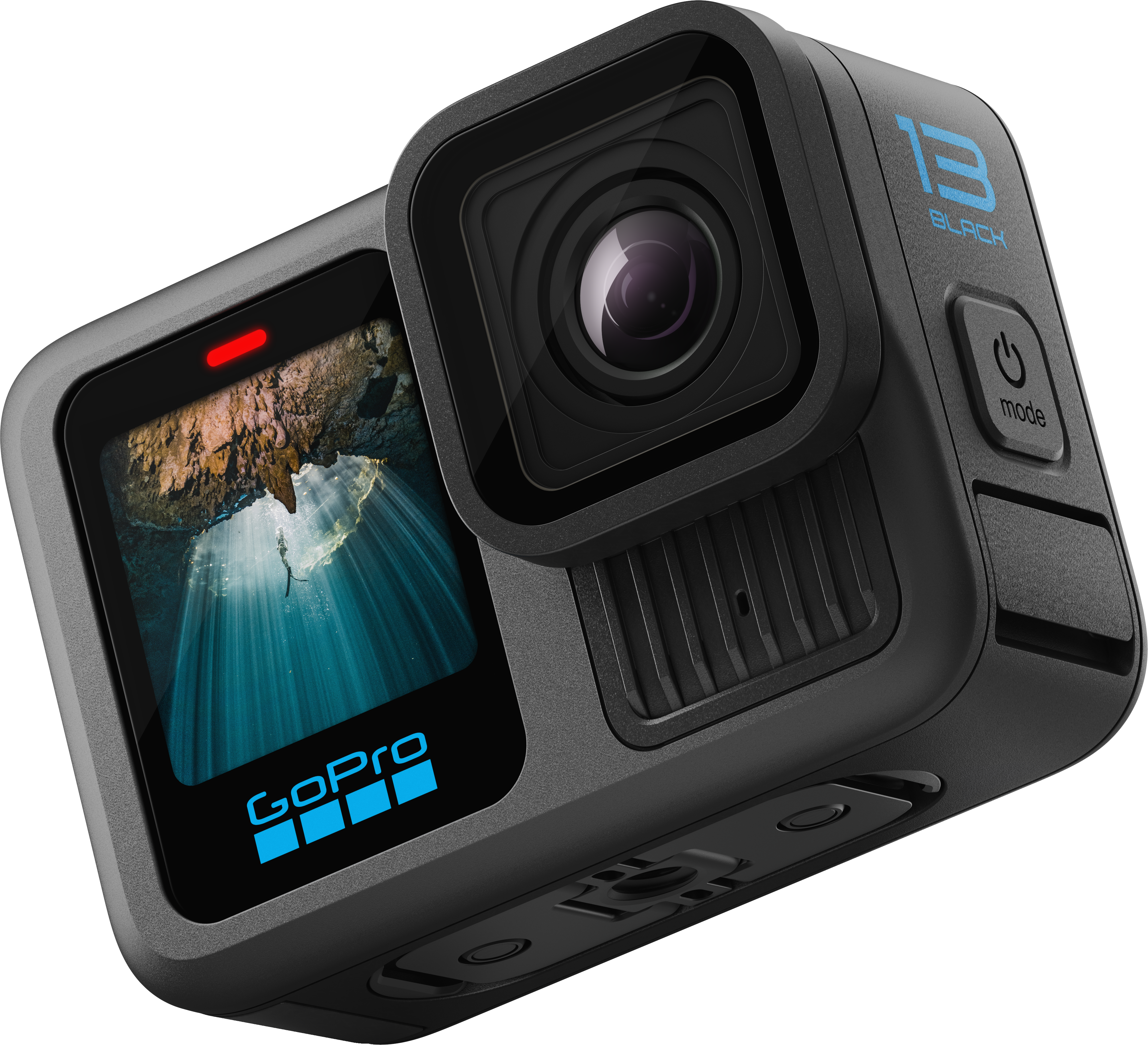 Fekete GoPro kamera képernyővel és gombokkal. A GoPro logója látható.