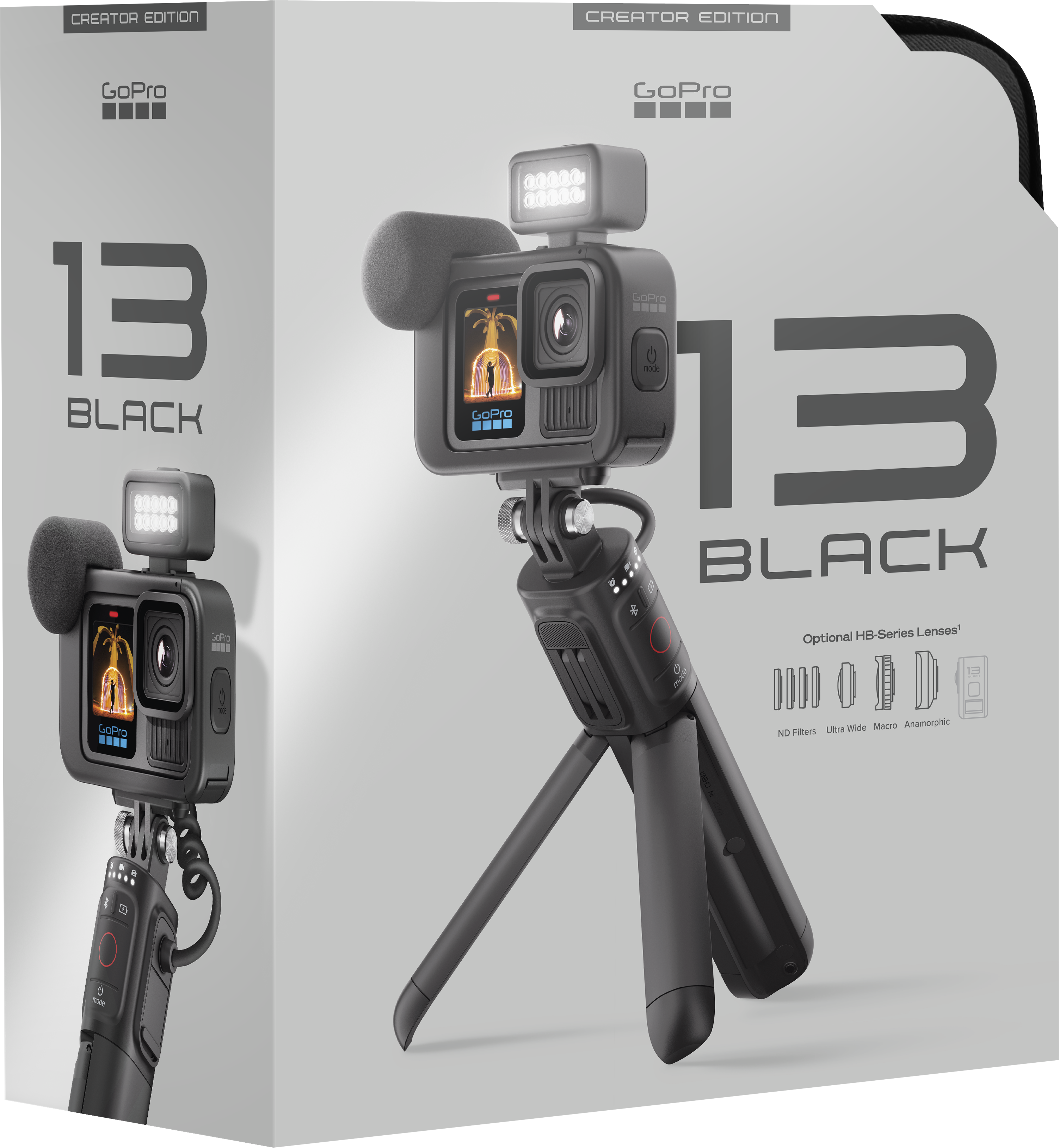 GoPro Creator Edition doboz kamerával, mikrofonnal és kiegészítőkkel, mind fekete, fehér háttéren.