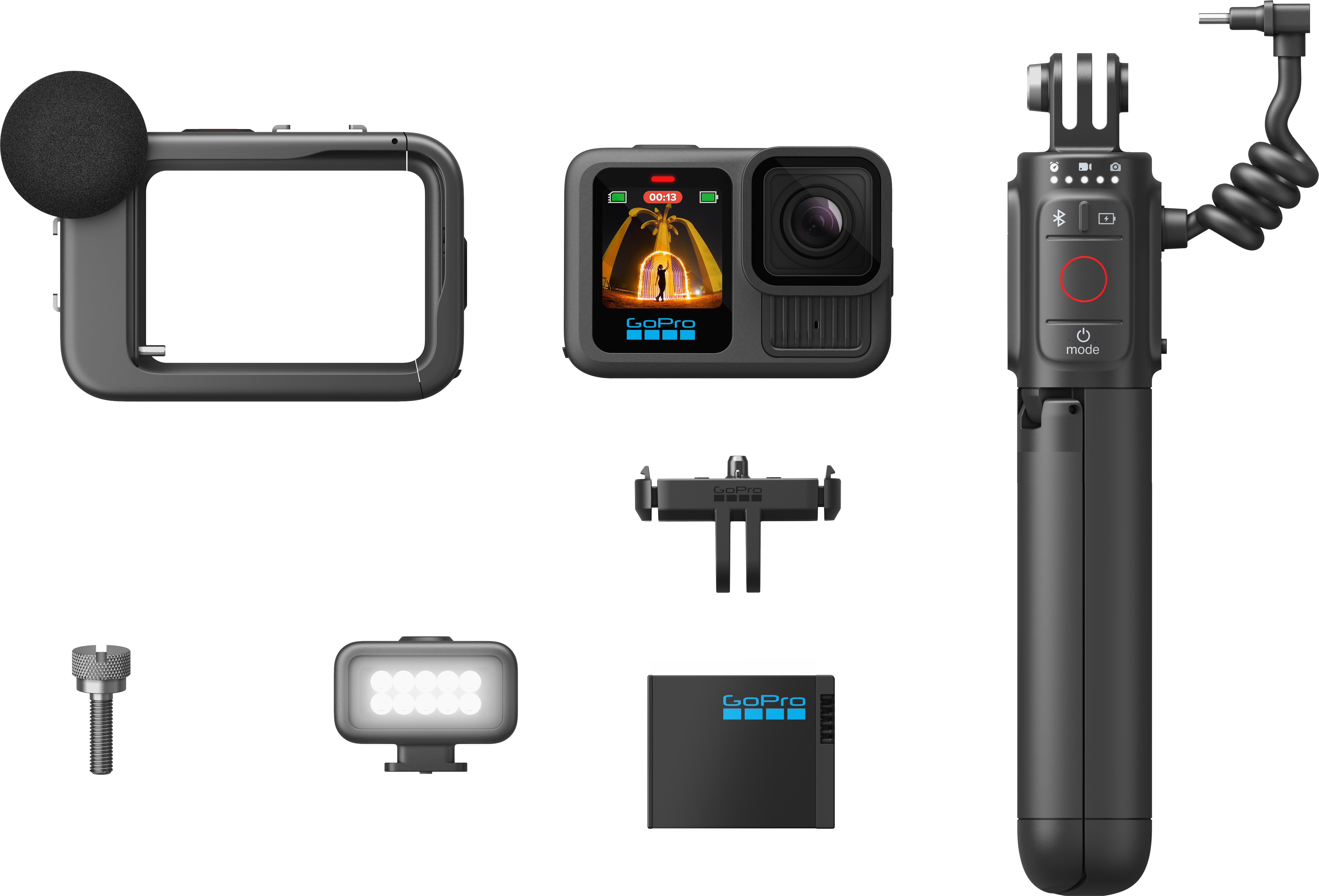 GoPro kamera és kiegészítők: keret, mikrofon, tartó, lámpa és akkumulátor.