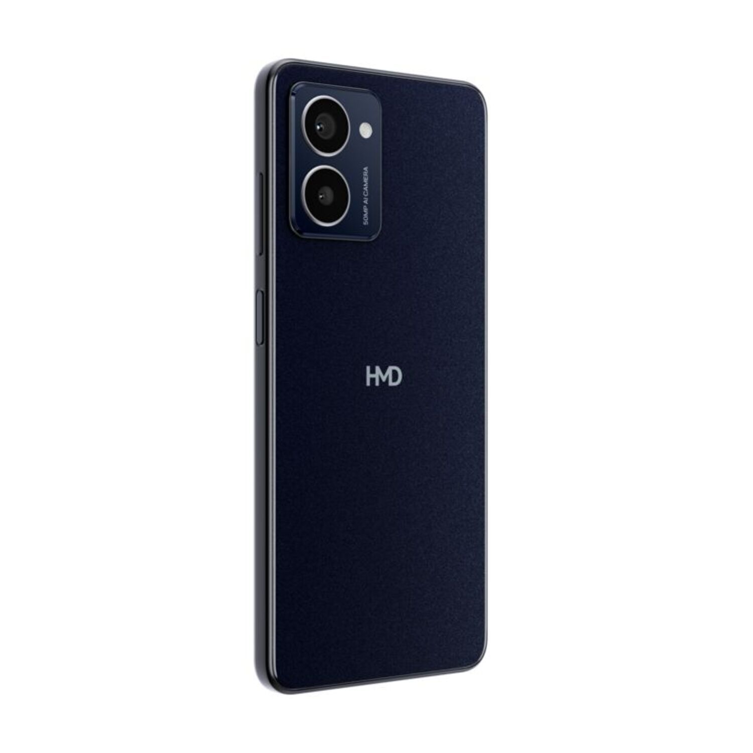 Smartphone HMD bleu foncé avec doubles caméras et logo HMD au dos.