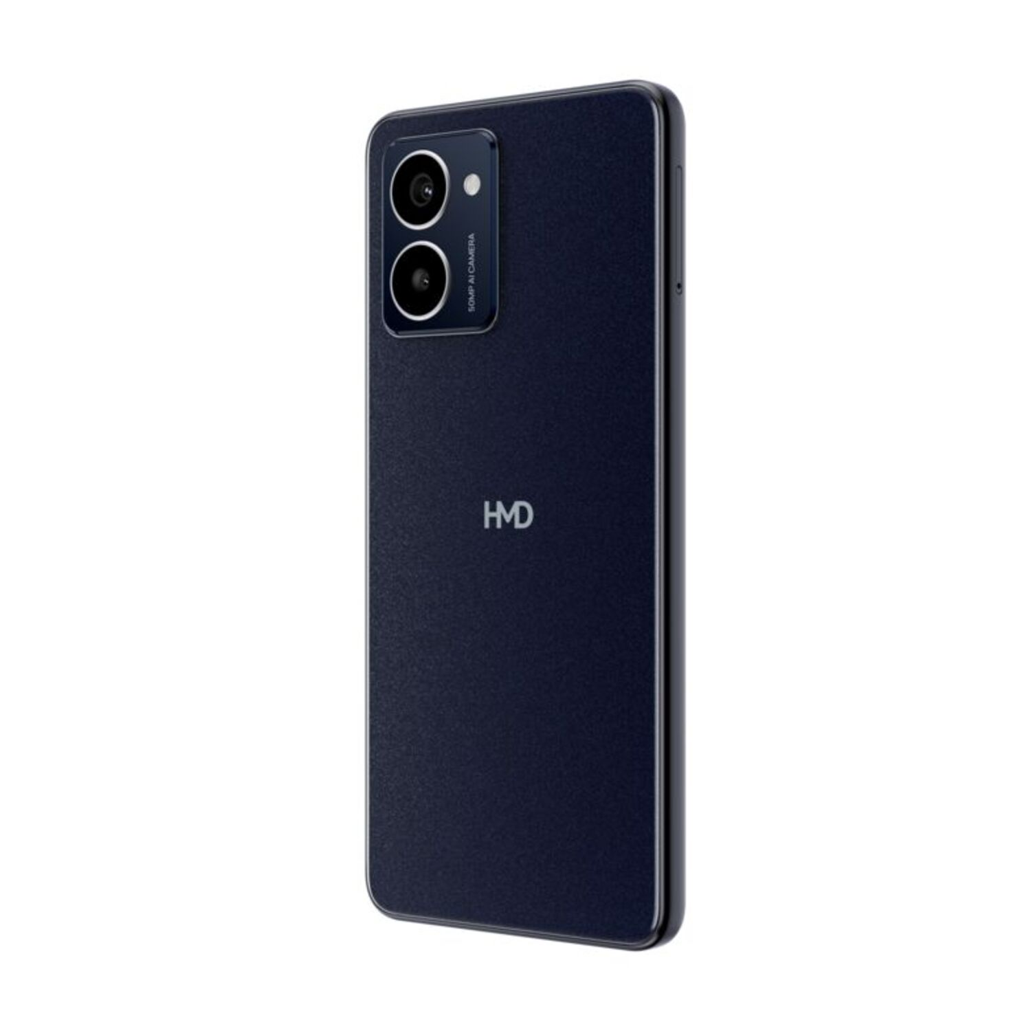 Smartphone bleu foncé, vue en angle. Double appareil photo, logo HMD visible au dos.